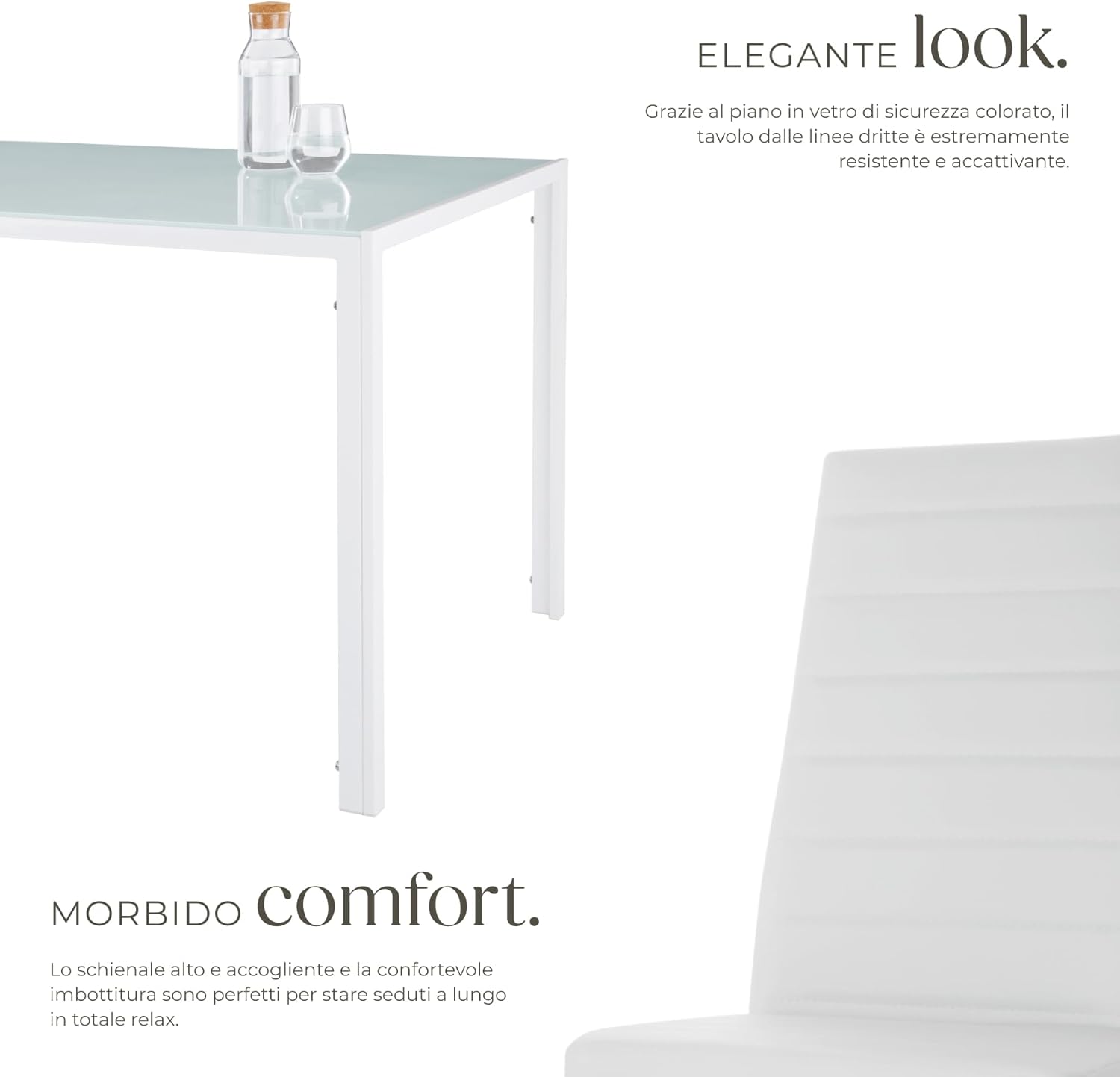 TecTake® Set di Mobili per Sala da Pranzo, 6 Sedie in Similpelle Resistente, Tavolo con Piano in Vetro, Design Moderno, Piedini SalvaPavimento, Ideale per Cucina e Soggiorno - Bianco