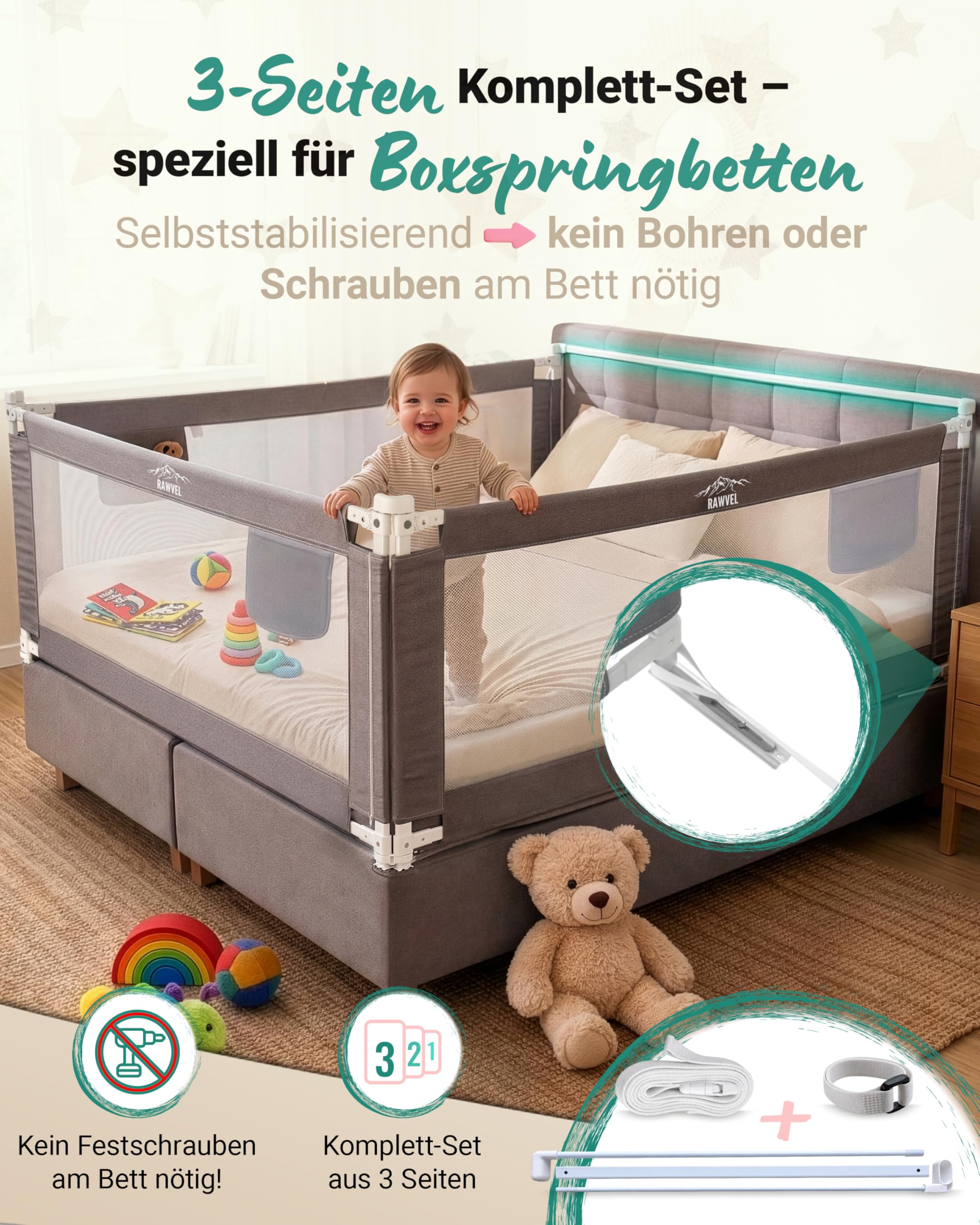 Bettgitter Rausfallschutz für Boxspringbett 180x200 cm, 3-Seiten-Komplettset mit Stange, höhenverstellbar 74-95 cm, grau