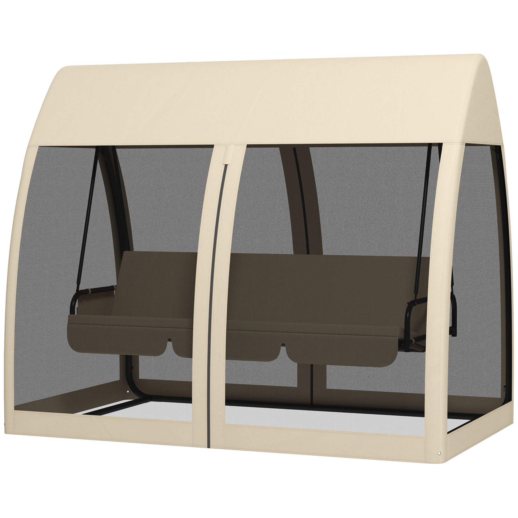 Outsunny 3-Sitzer-Terrassen-Schaukel, Veranda-Schaukel mit Bettfunktion, Hollywoodschaukel mit Mückennetz und Stahlrahmen, Kaffee