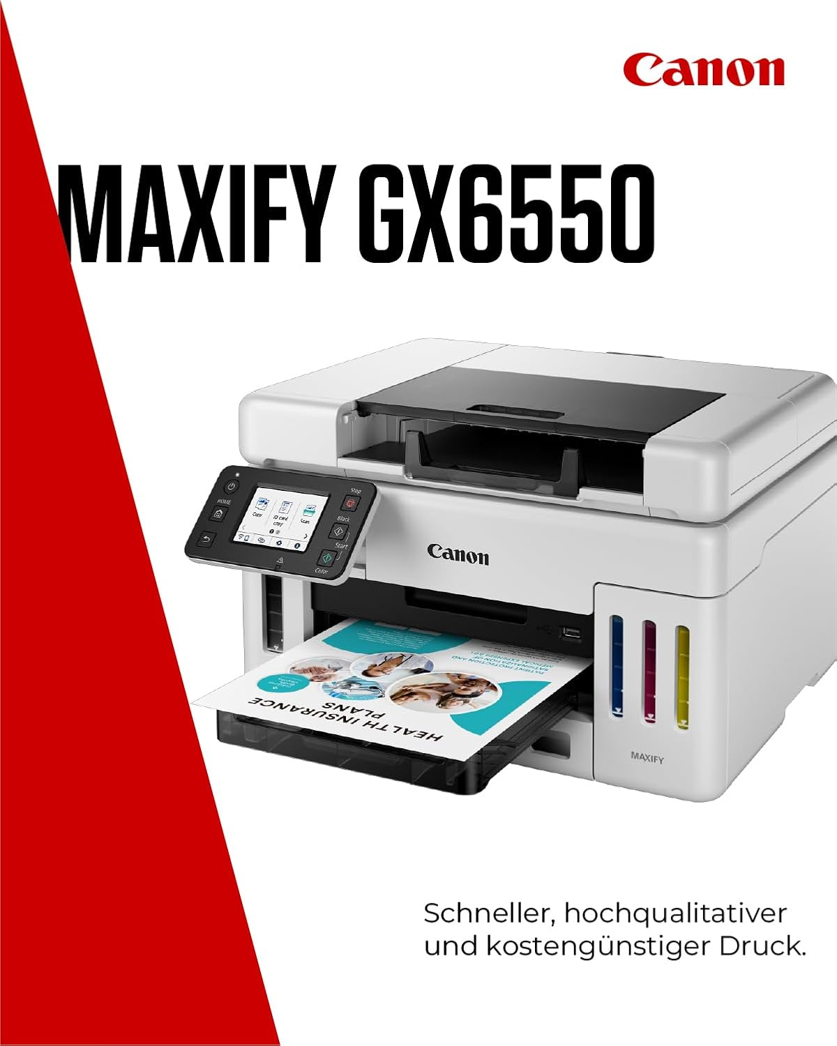 Canon MAXIFY GX6550 Tintenstrahldrucker 3-in-1 Multifunktionsgerät MegaTank (Drucker, Scanner, Kopierer, WLAN, LAN, Cloud, Duplexdruck, Duplex ADF, 350 Blatt Kapazität, Wischfeste Ausdrucke) weiß