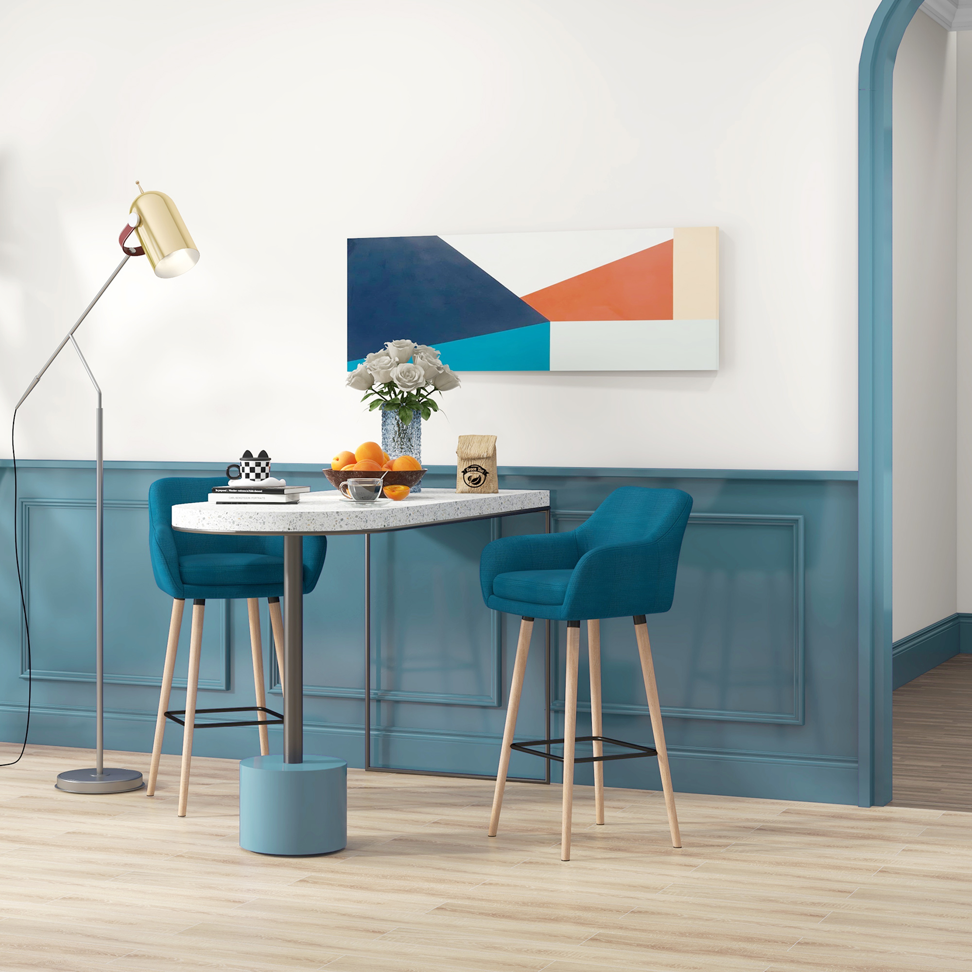 HOMCOM Skandinavische Designer Barhocker - Set mit 2 Barhockern Grand Confort mit Fußstützen und Armlehnen - Massivholz Leinen blau