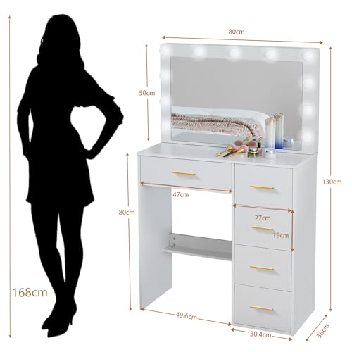 Teousev Toilette Trucco con Specchio, Toeletta Trucco con Luci, Postazione Trucco con 5 Cassetti, Tavolo Trucco per La Camera Da Letto, 80X36X131cm, Bianco, JR27 : Amazon.it: Casa e cucina