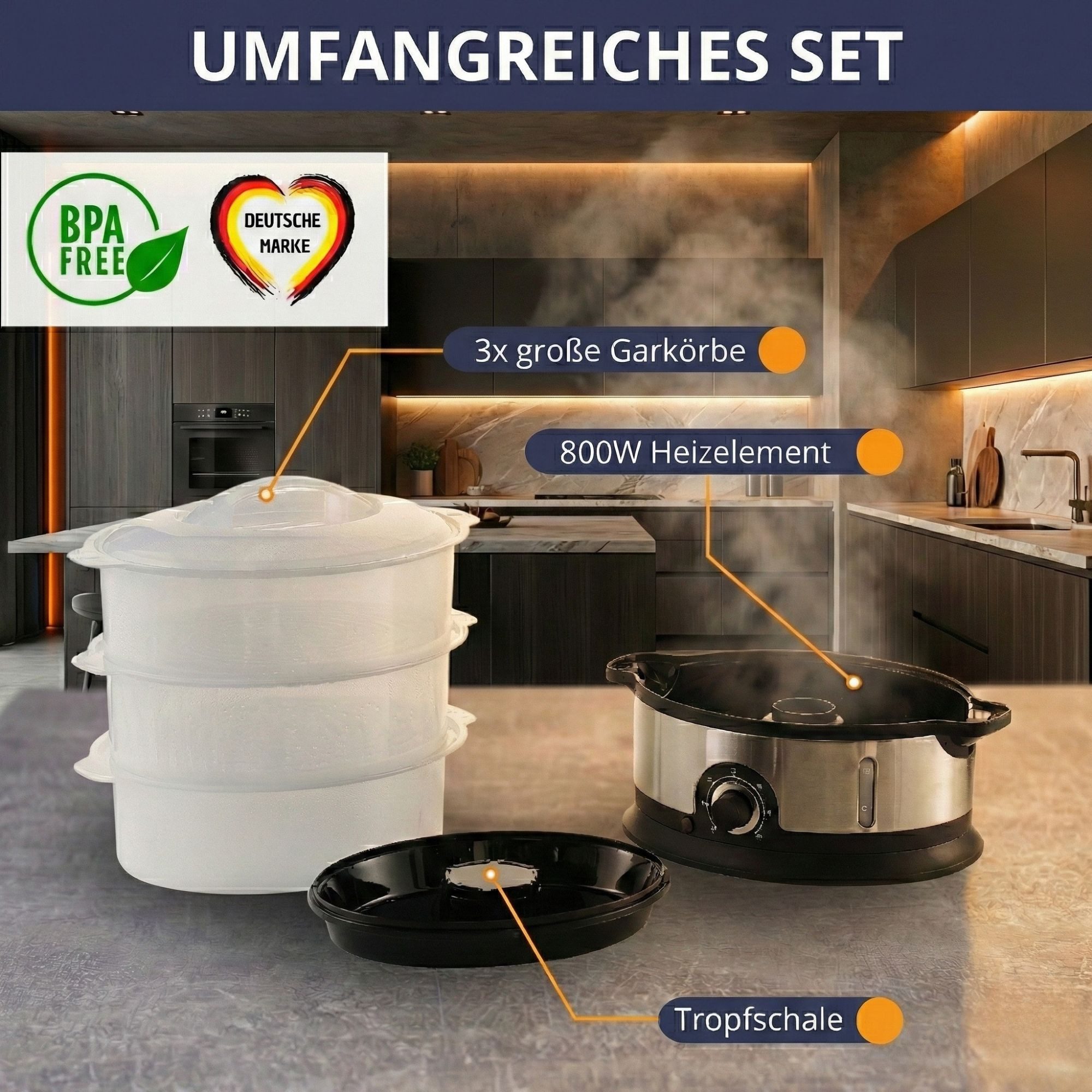 Dampfgarer Sommertal Dampfgarer STEAMY800 Dämpfer 800W 3 Schicht Topf
