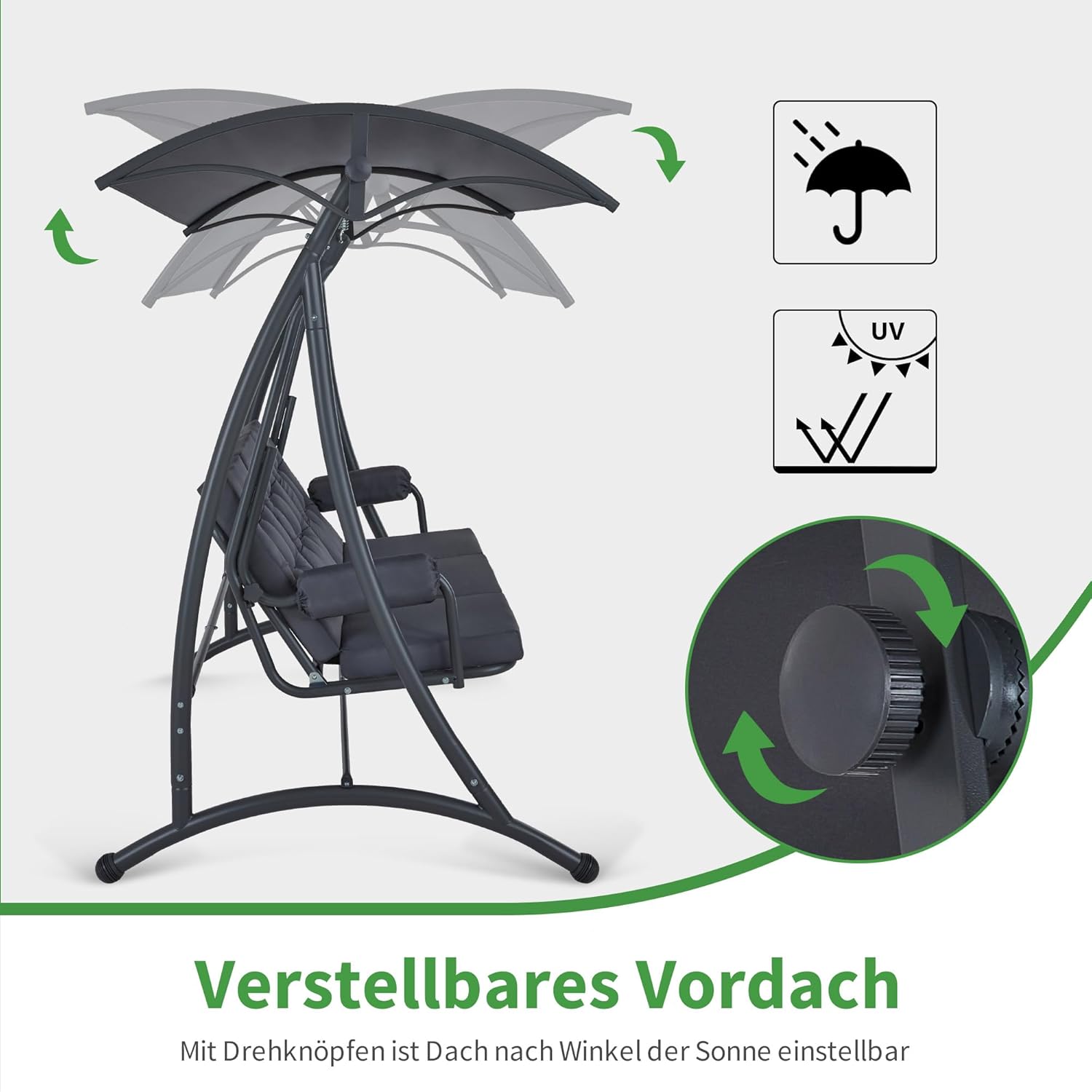 M MCombo Dondolo Hollywood a 3 posti con funzione sdraio, 3 cuscini extra spessi e ganci silenziosi, altalena da giardino silenziosa portata fino a 300 kg, 193 x 119 x 185 cm, resistente alle