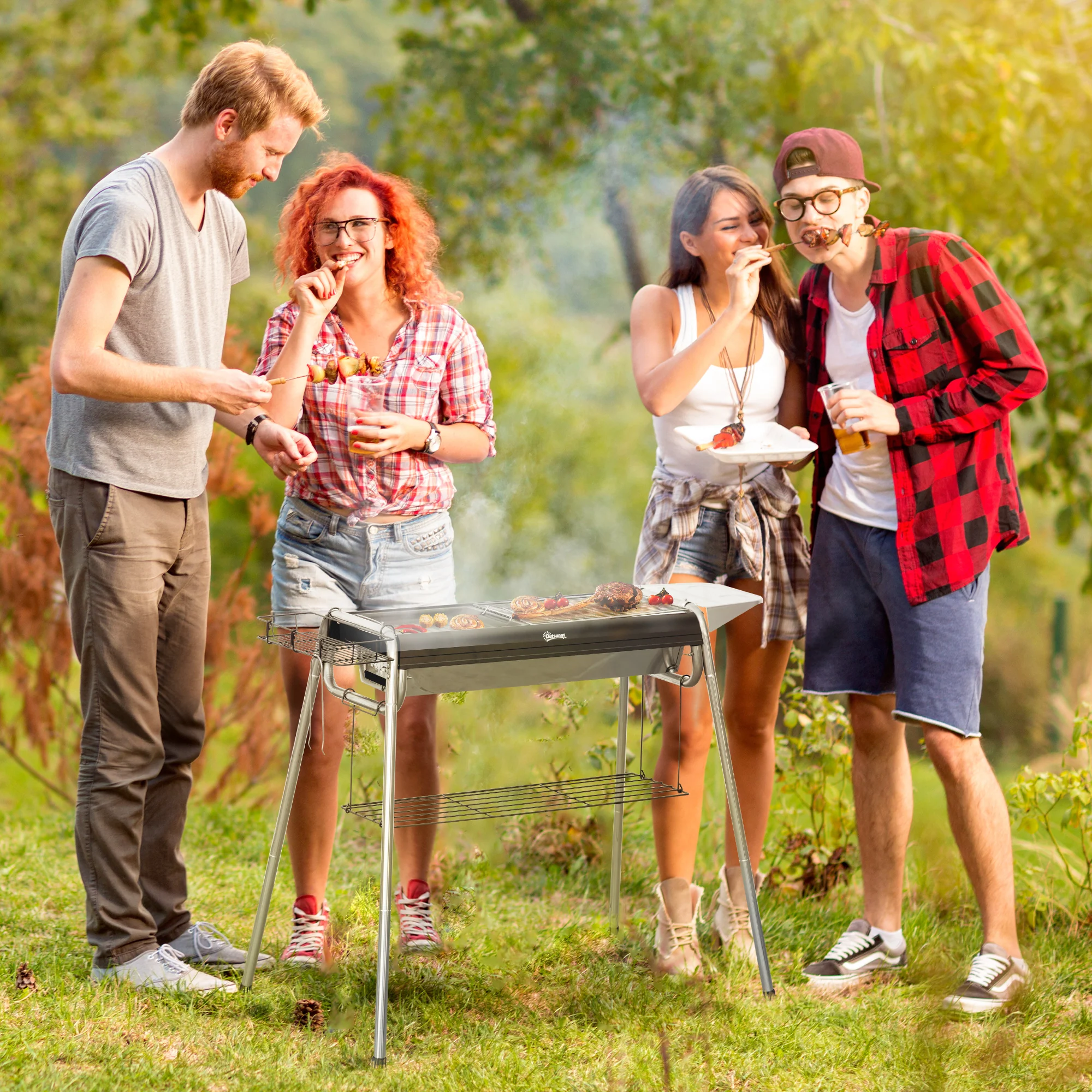 Easycomfort Barbecue a Carbonella con Griglia e Piastra di Cottura, Cestino e Ripiani, 96x61x72cm, Nero