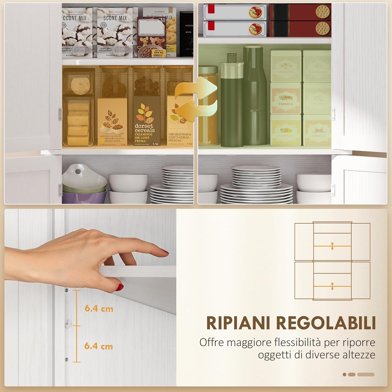 HOMCOM Mobile Cucina Alto con 6 Ripiani e 2 Ante, Armadio Dispensa con Ripiani Regolabili in Legno, 76x40.5x184 cm, Bianco