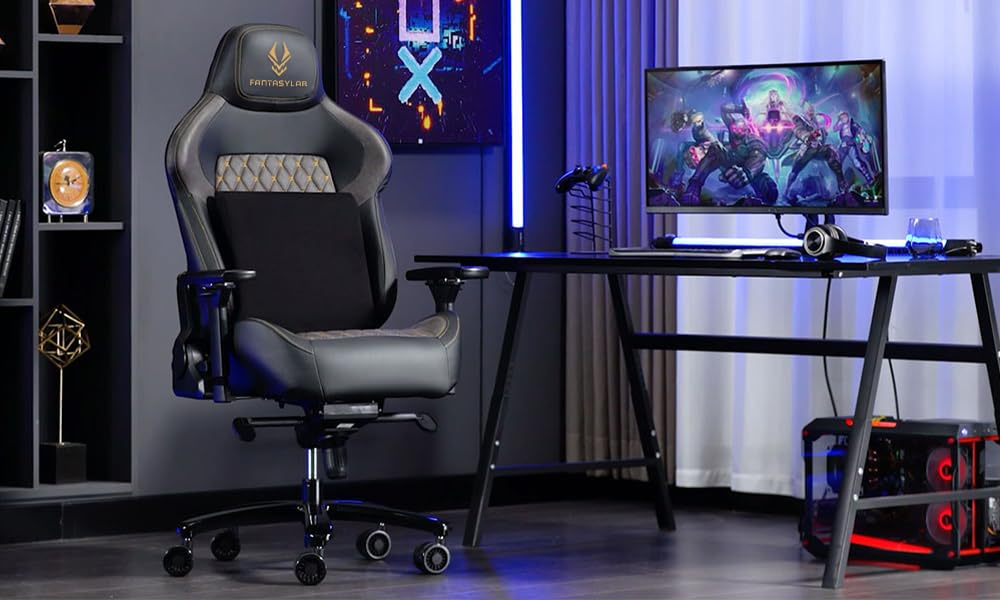 Gaming Stuhl bis 200 kg mit 4D-Armlehne und Lendenwirbelstütze, ergonomischer Bürostuhl in Grau