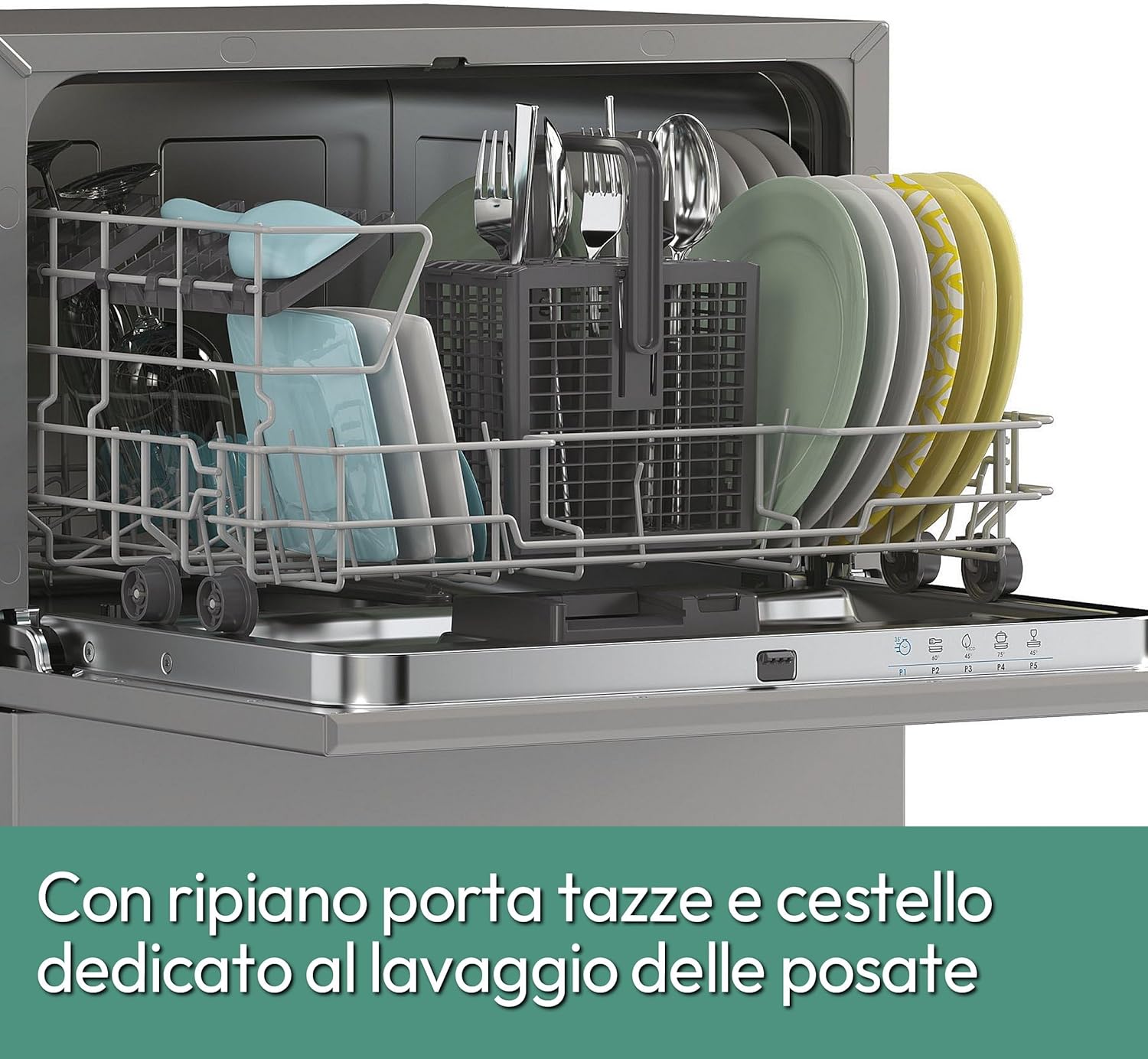Candy Rapido' CP 6E51LS Lavastoviglie Compatta da tavolo, Libera Installazione, 6 Coperti, 8 Programmi, Ciclo Rapido 35', Partenza ritardata, Classe E, AxLxP 44,3x55x50,1 cm, Silver, Classe E