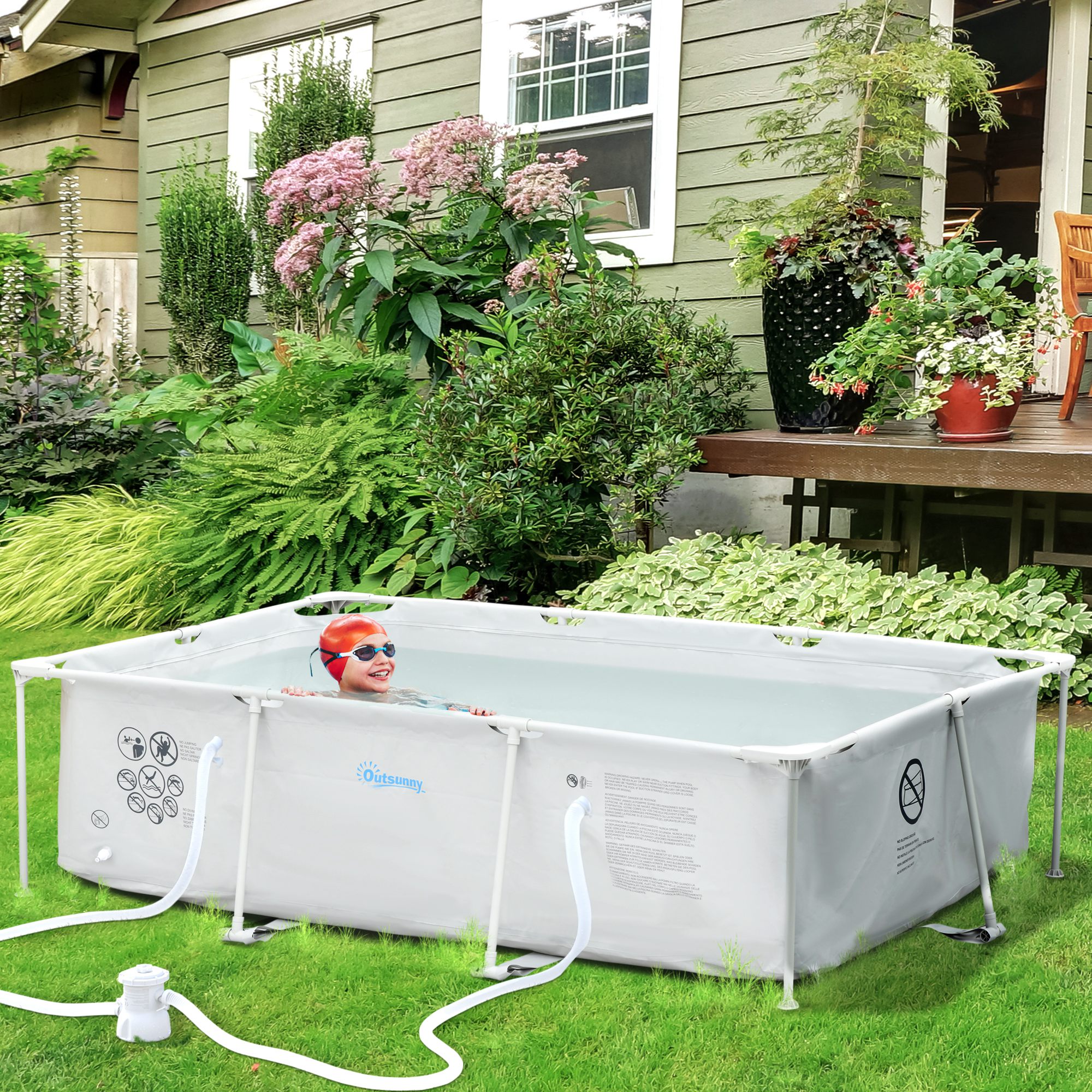 Outsunny Rechteckiger Stahlrohr-Rahmen oberirdischer Pool mit Filter 292L x 190B x 75H cm Grau