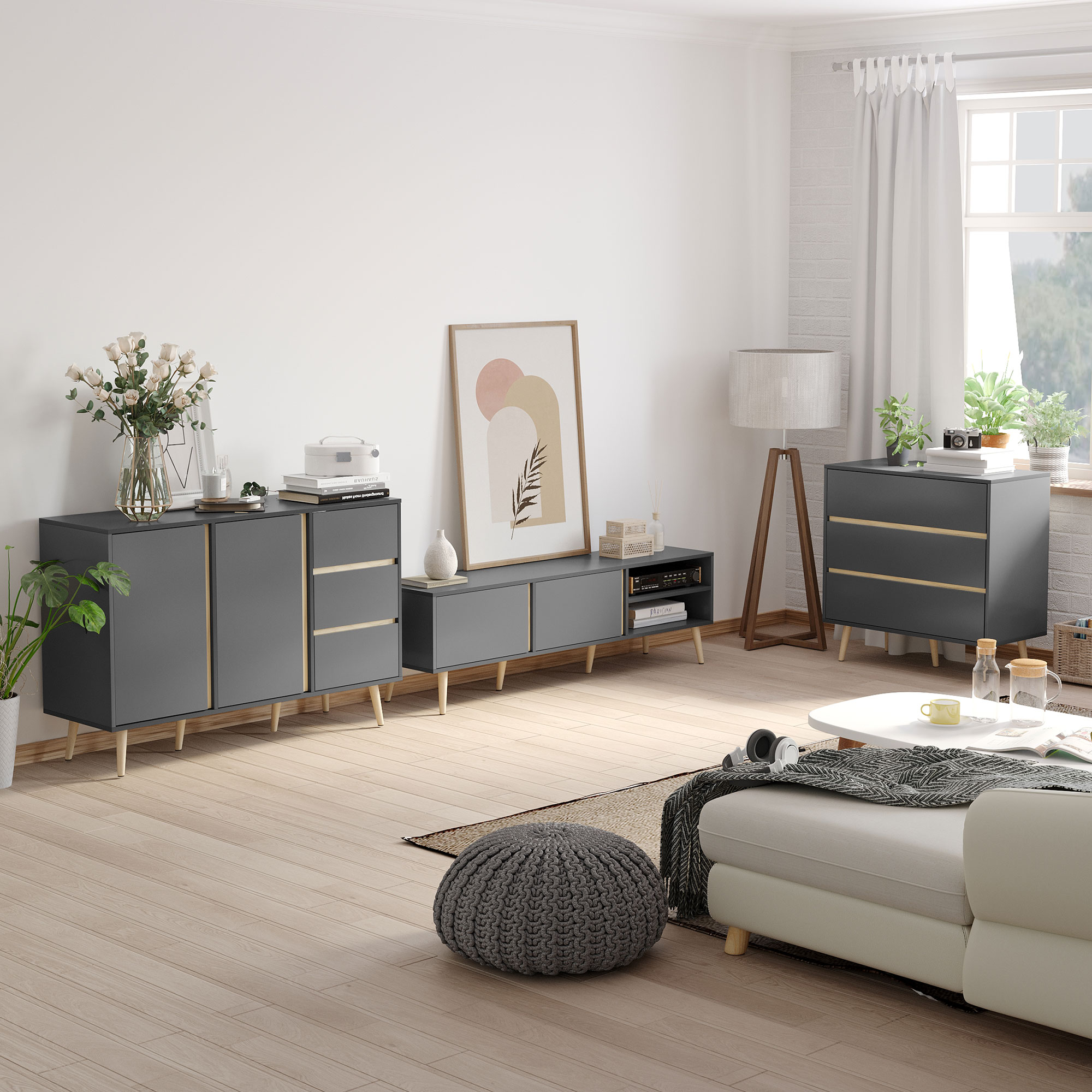 HOMCOM TV-Möbel für Fernseher bis zu 55 Zoll im skandinavischen Design mit 2 Türen 2 Nischen und Kabeldurchführungen 150 x 35 x 45 cm Dunkelgrau