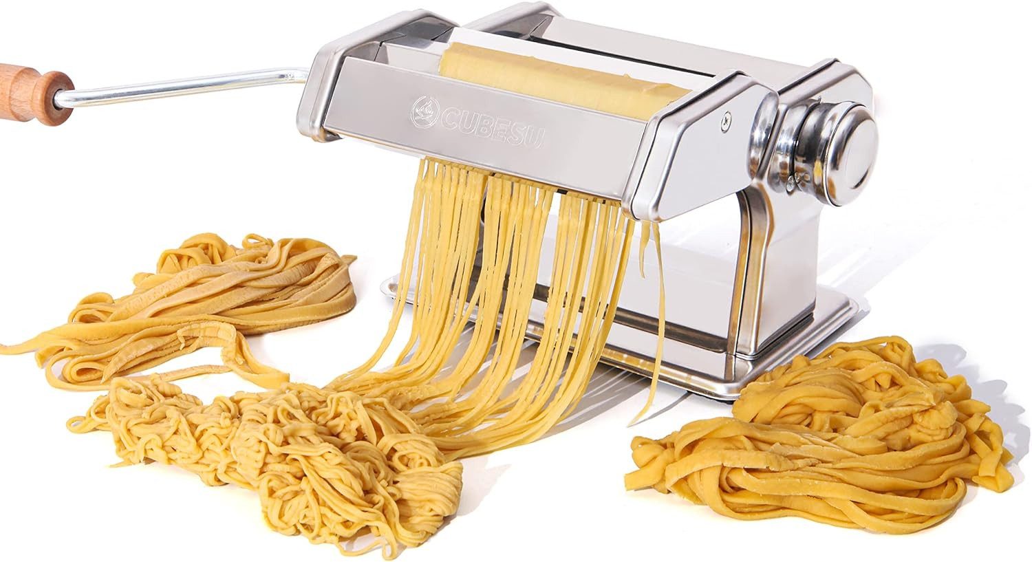 Nudelmaschine Cubesu Nudelmaschine manuell Edelstahl Pasta-Maker mit Holzgriff