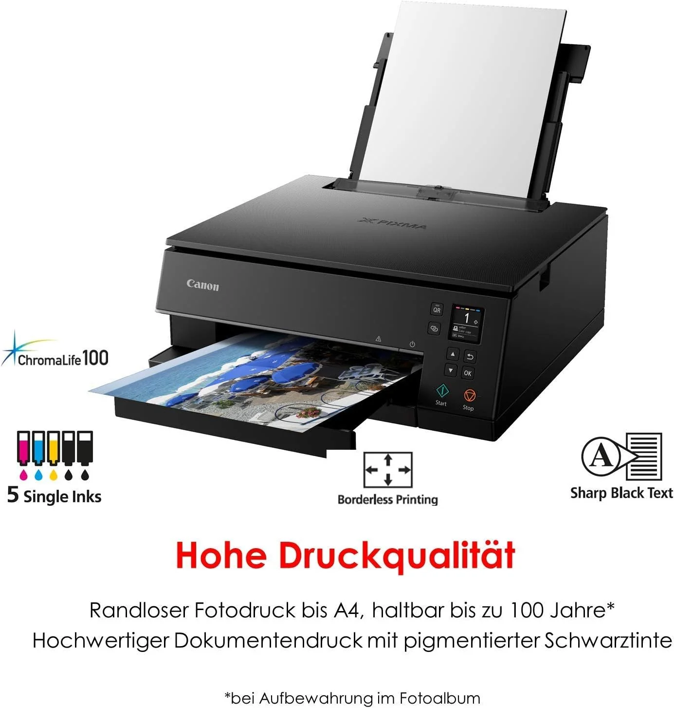 Canon PIXMA TS6350a printer, kleureninkjet multifunctioneel apparaat DIN A4 (fotoprinter, scanner, kopieerapparaat, OLED, 4.800x1.200 dpi, USB, WLAN, 5 afzonderlijke inkten, dubbelzijdig afdrukken, 2 papierladen), zwart