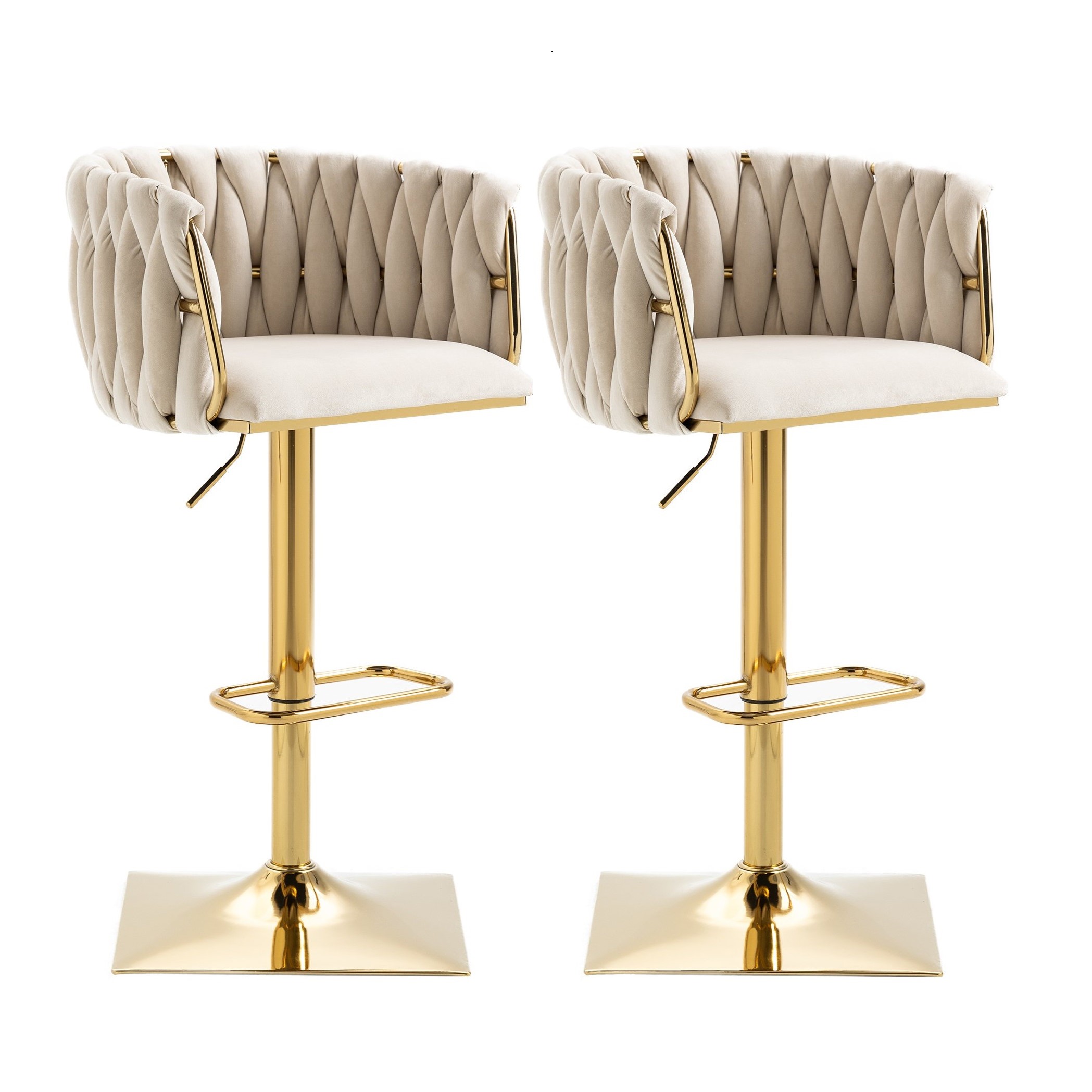 2 Art-déco Barhocker mit Lehne und Fußstütze, höhenverstellbar und 360° drehbar, Elfenbeinweiß