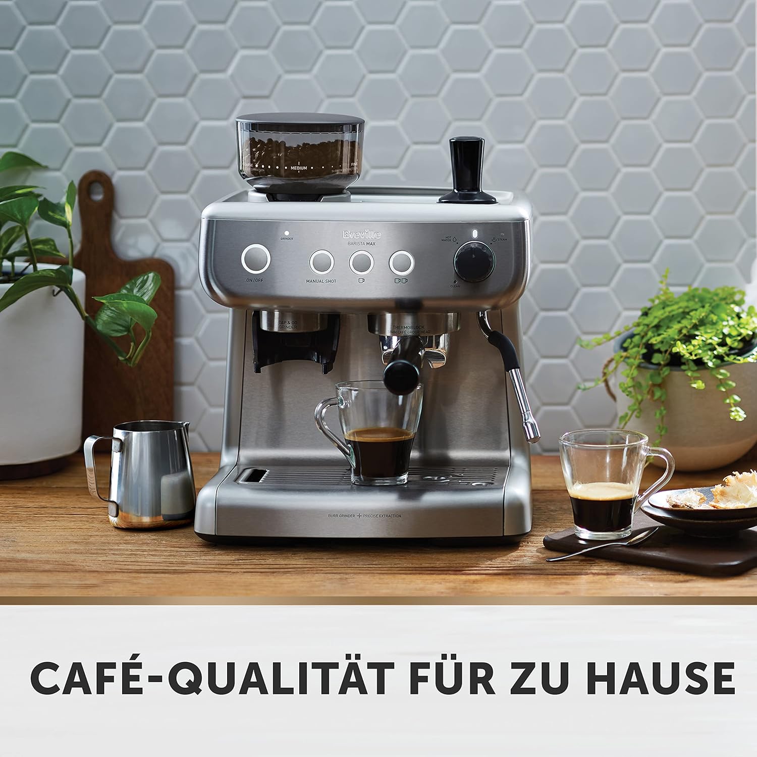 Breville Barista Max Siebträgermaschine | Espressomaschine/Kaffeemaschine mit integriertem Mahlwerk und Milchaufschäumer| 2,8-l-Wasserbehälter | Italienische Pumpe mit 15 Bar | Edelstahl [VCF126X]