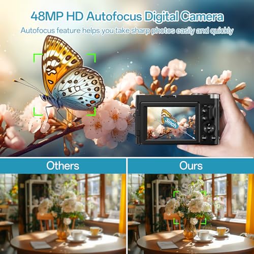 Macchina Fotografica Digitale 4k, 48MP Autofocus Fotocamera con Digitale 180° Schermo Flip, 16X Zoom Digitale Vlogging Camera con Scheda di Memoria 32G 2 Batterie e Caricabatterie per Principianti : Elettronica