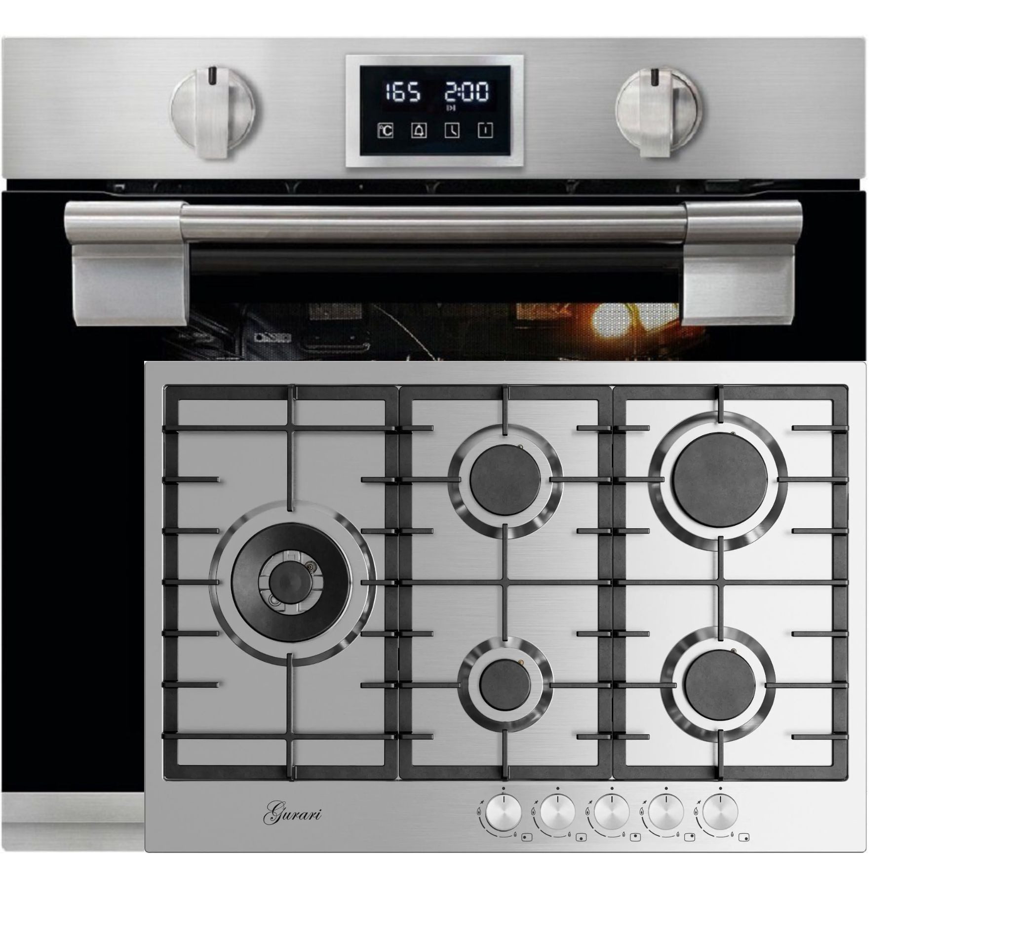 Backofen-Set Herd Set Autark Einbau Backofen, Bratautomatik,massives Metall, 79L, 60cm+Gas-Kochfeld aus Edelstahl 75 cm EH 6337+GCH FG 755