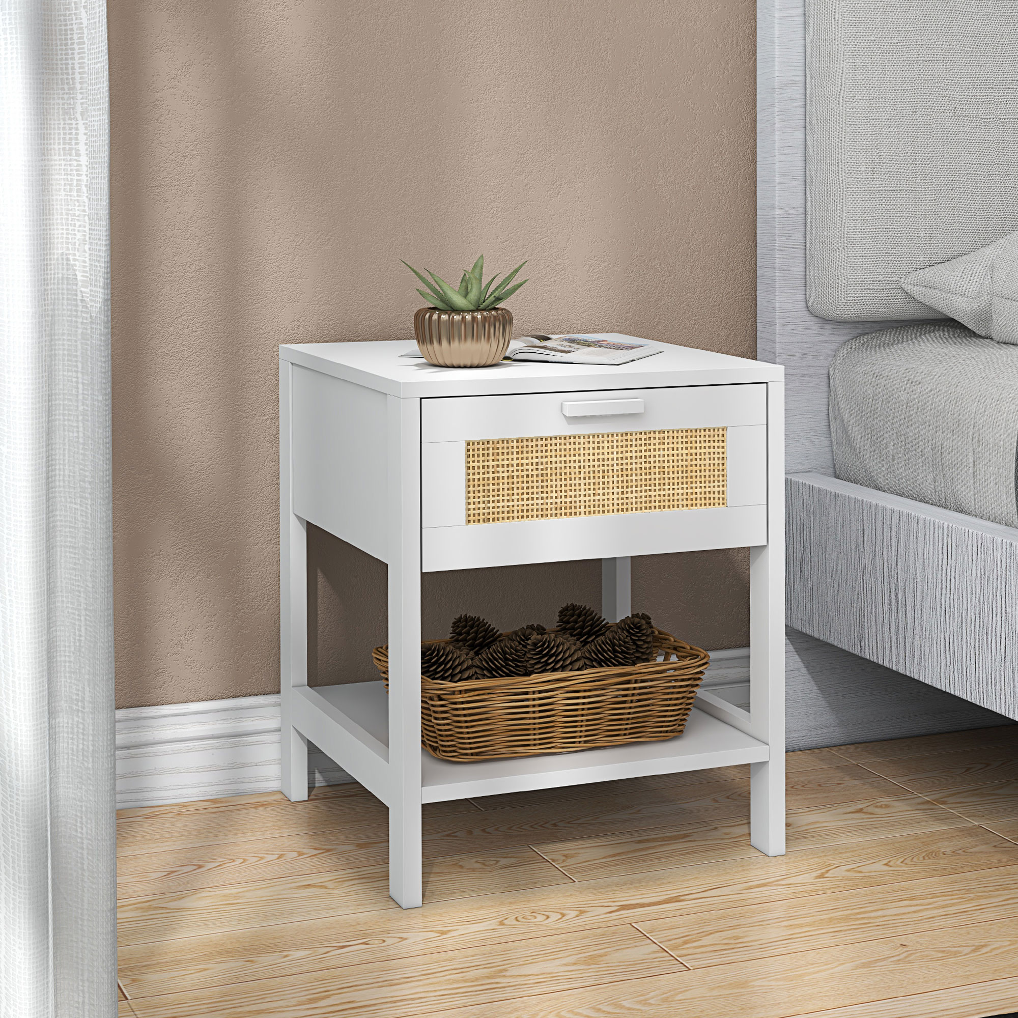 HOMCOM Nachttisch Beistelltisch mit Schublade und Regal, Rattan-Front, 40B x 40T x 48H cm weiß