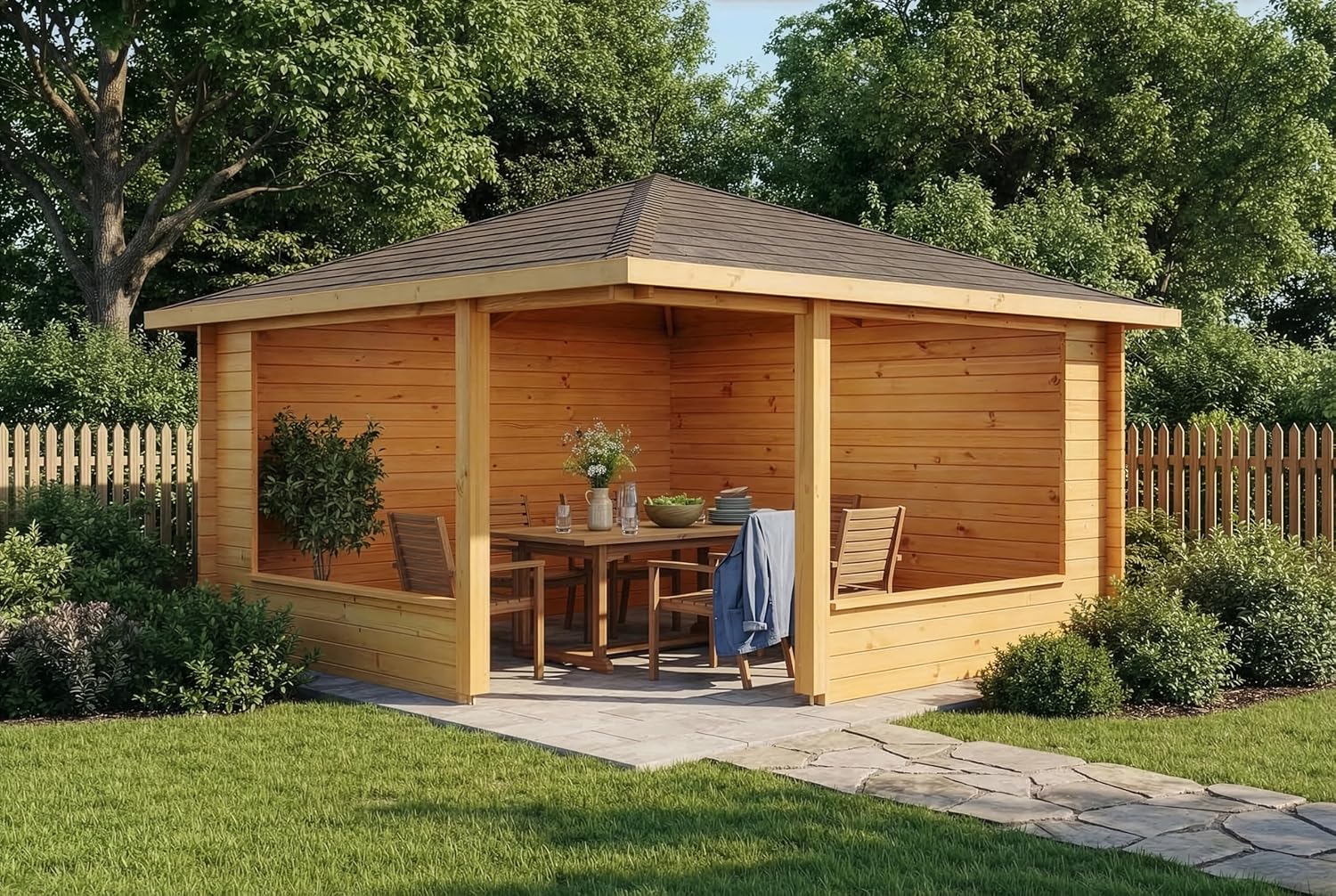 5-Eck Gartenlaube Maik-40 aus Massiv-Holz 400 x 400 cm, Gartenhaus mit 40 mm Wandstärke, Mit Imprägnierung (Pinie)
