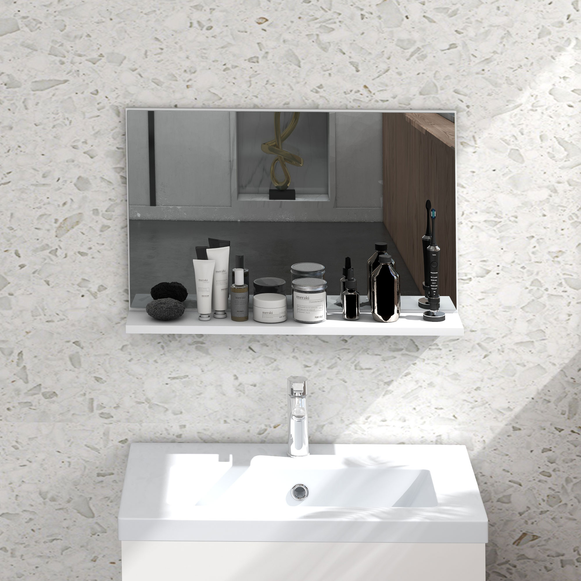 kleankin Badezimmerspiegel Wandmontage mit Regal, Modernes und Multifunktionales Design, 60x12x40 cm, Weiß