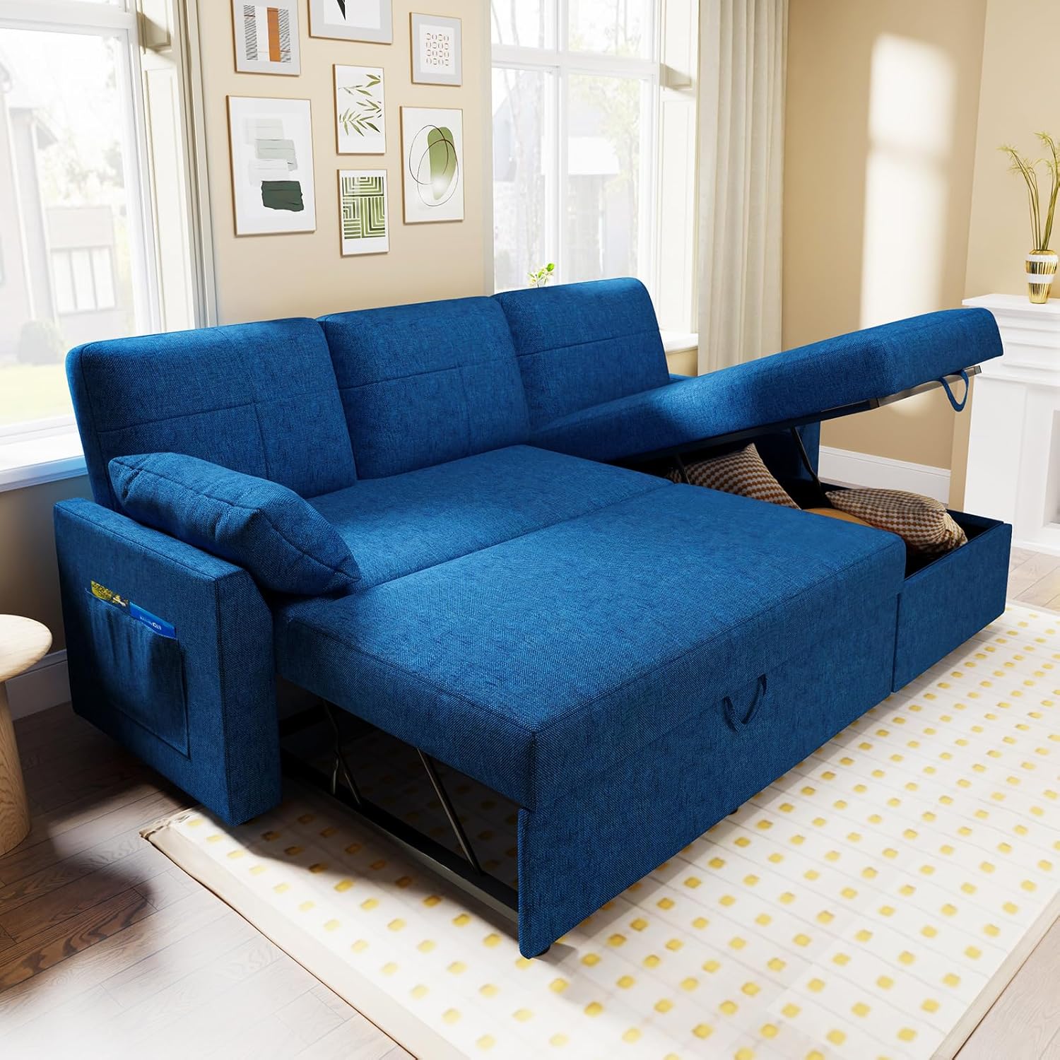 Sofa Bed Sleeper Pull Out Couch with Storage Chaise White Sherpa for Living Room