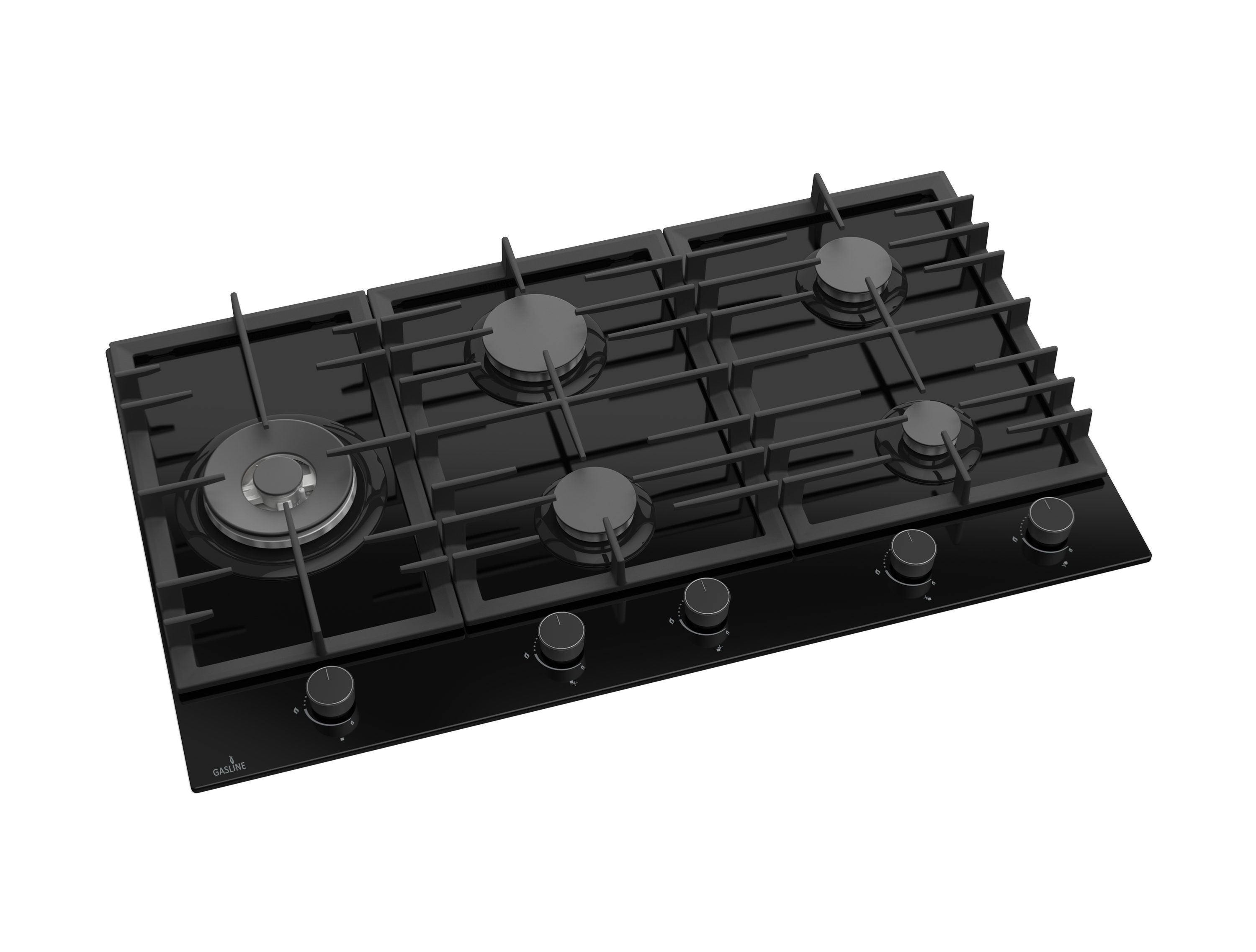 Gas-Kochfeld Einbau mit elektrische Zündung und Zündsicherung, 90cm breit, 5 flammig, 3,8kW Wok Brenner, autark GAG90GLG