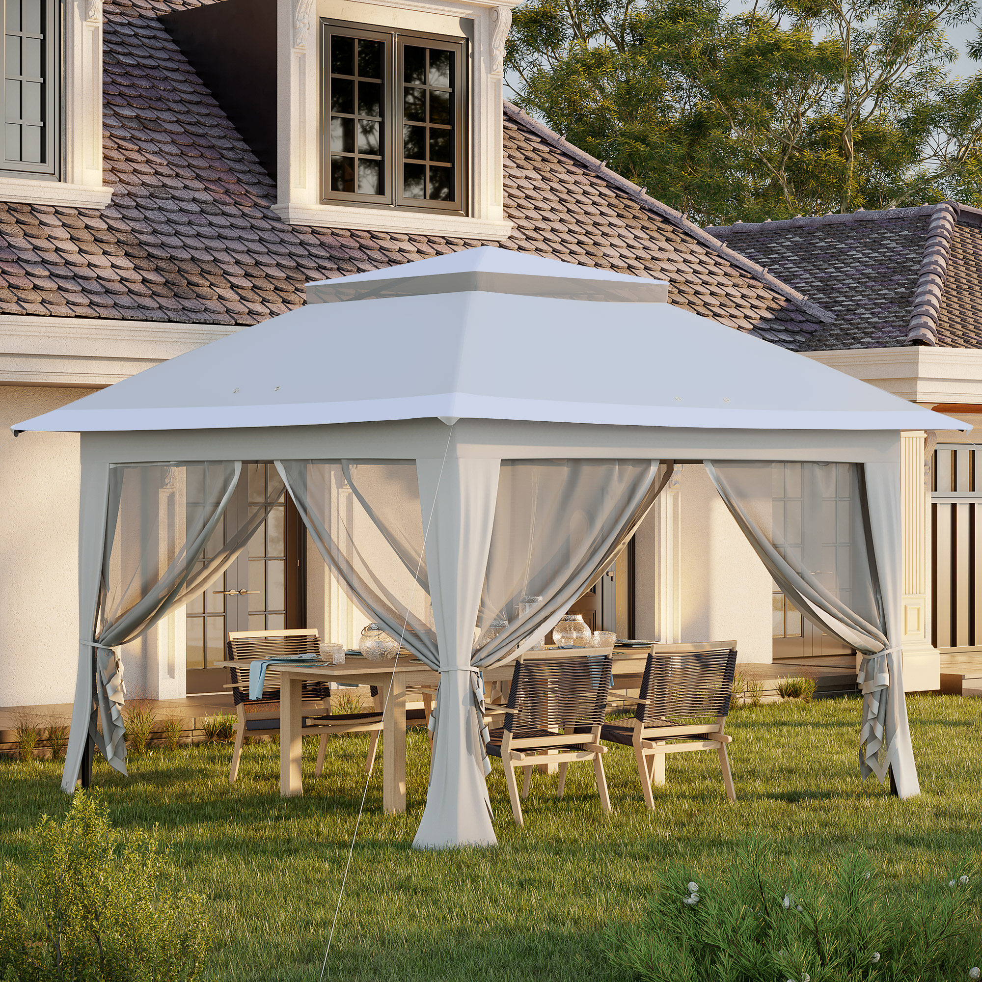 Outsunny Faltpavillon Pop-Up-Zelt Gartenpavillon inkl. Rollentasche Stahl+Oxford+Mesh Grau 3,64x3,64x2,94m