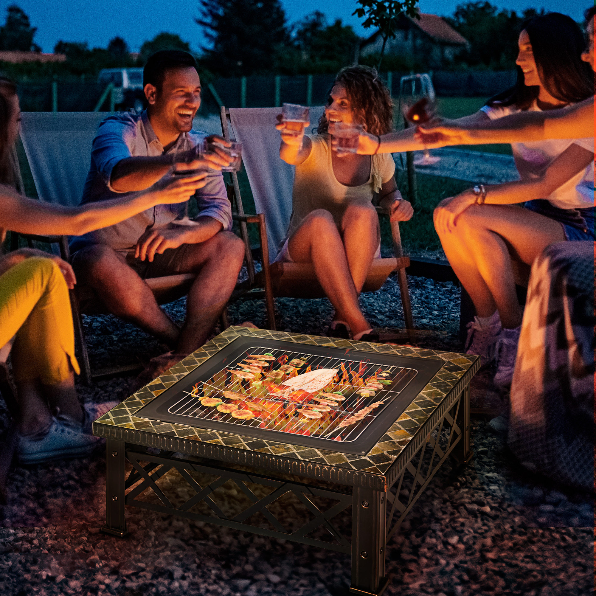 Outsunny 3-in-1 Feuerschale Feuerkorb Feuerstelle mit Funkenschutz Grillrost Eiskübel Garten BBQ Schwarz 76cm x 76cm x 47cm