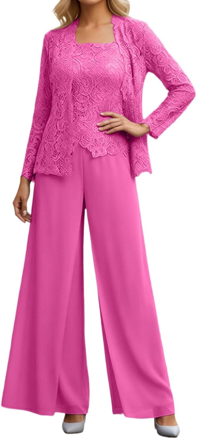 Generisch Damen Elegantes Hosenanzug 3-Teilig Spitzenoberteil Chiffon Cardigan Weite Hose Alltagtauglich