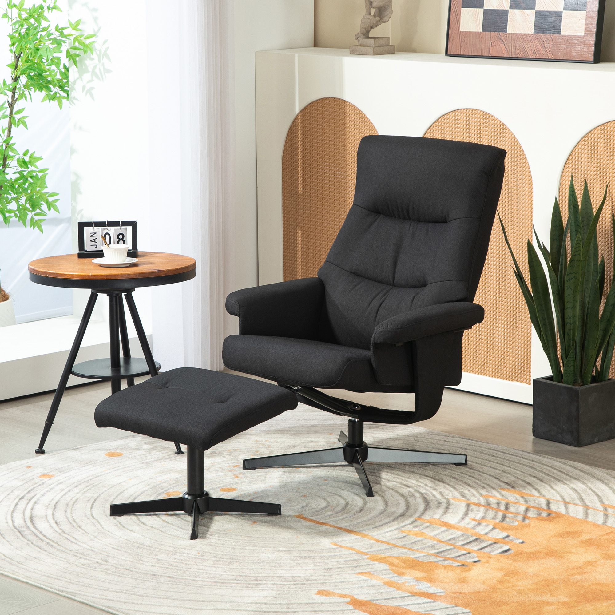 HOMCOM Liegesessel mit Hocker, drehbar, Wippfunktion, Samtoptik, bis 150 kg, Schwarz