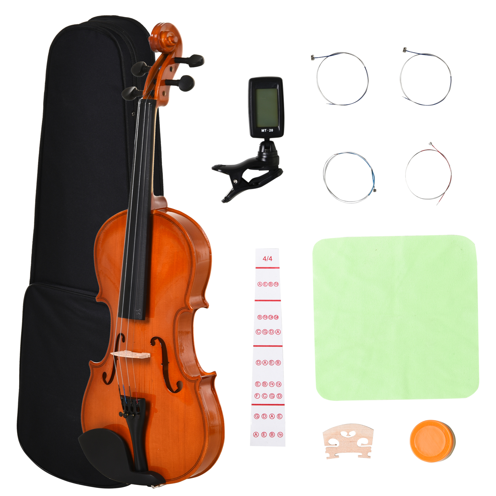 HOMCOM Violine 4/4 Fullsize mit Etui, Stimmgerät, Schulterstütze, Bogen, Kolophonium, Ersatzsaiten und Tuch aus Fichten-Sperrholz und Ahorn