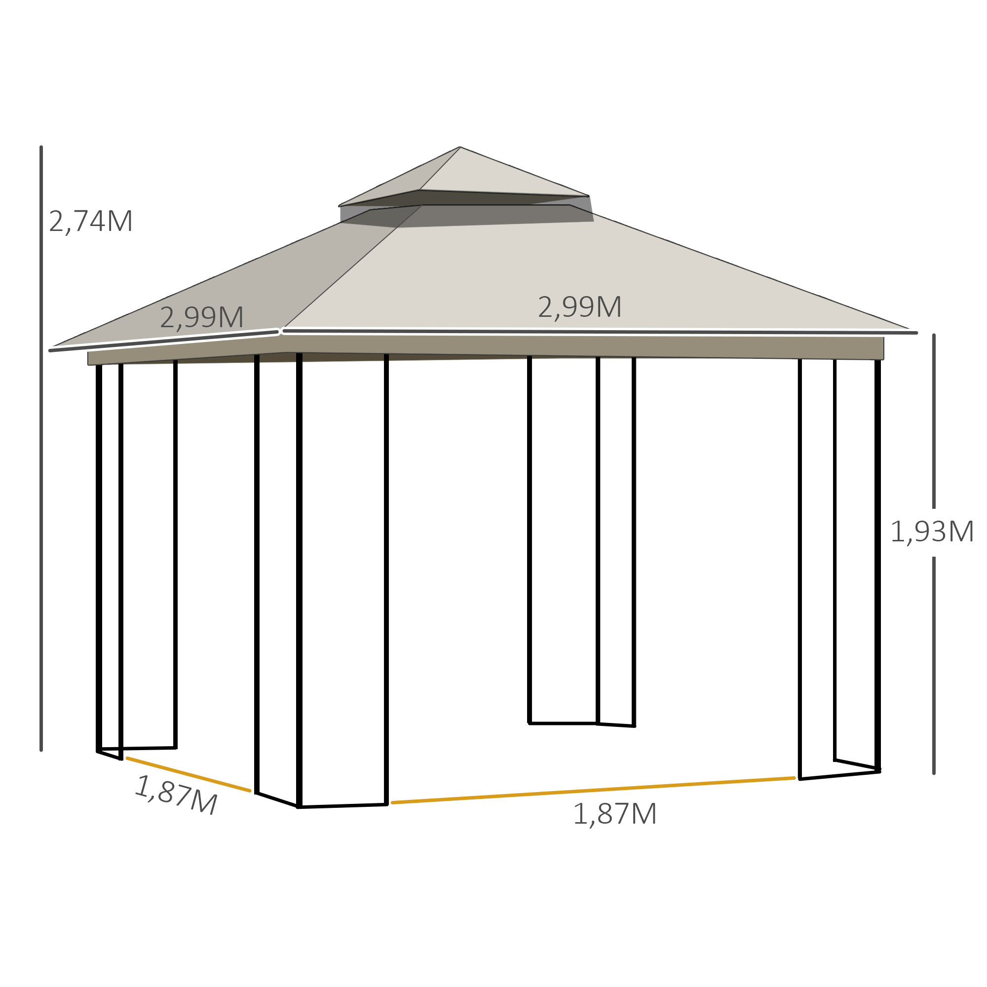 tuinprieel met dubbel dak tuinprieel partytent met 4 x zijwand metaal+polyester beige 2,99 x 2,99 x 2,74 m