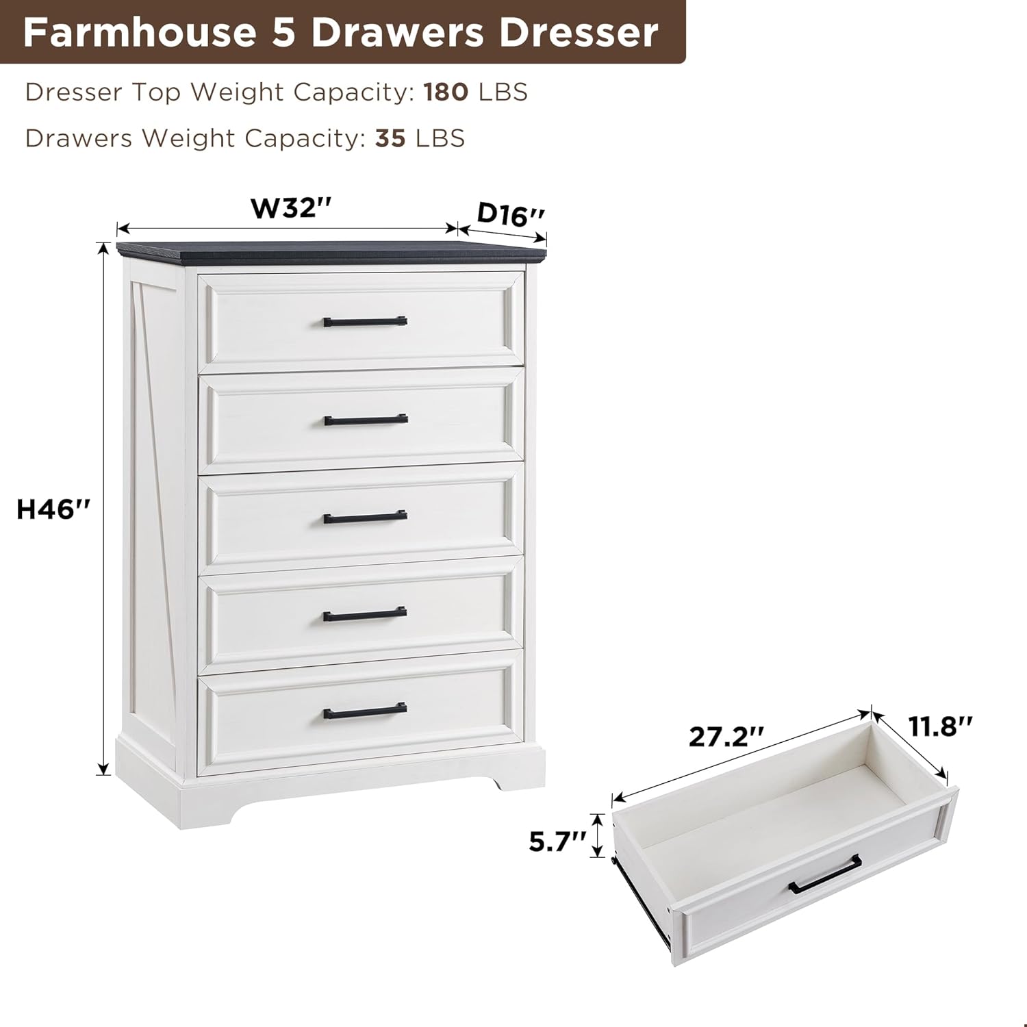 ACCOHOHO Farmhouse 5 Drawers Dresser Chests for Bedroom,46