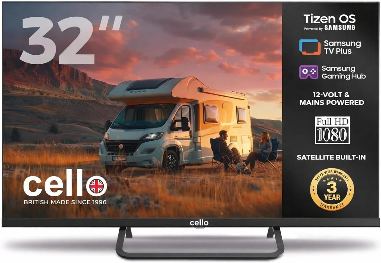 Cello Fernseher, 32 Zoll, 230 V, 12 V, Schwarz, Smart TV, CTRAV-32TZ Smart-TV, Tizen OS von Samsung, Gaming Hub
