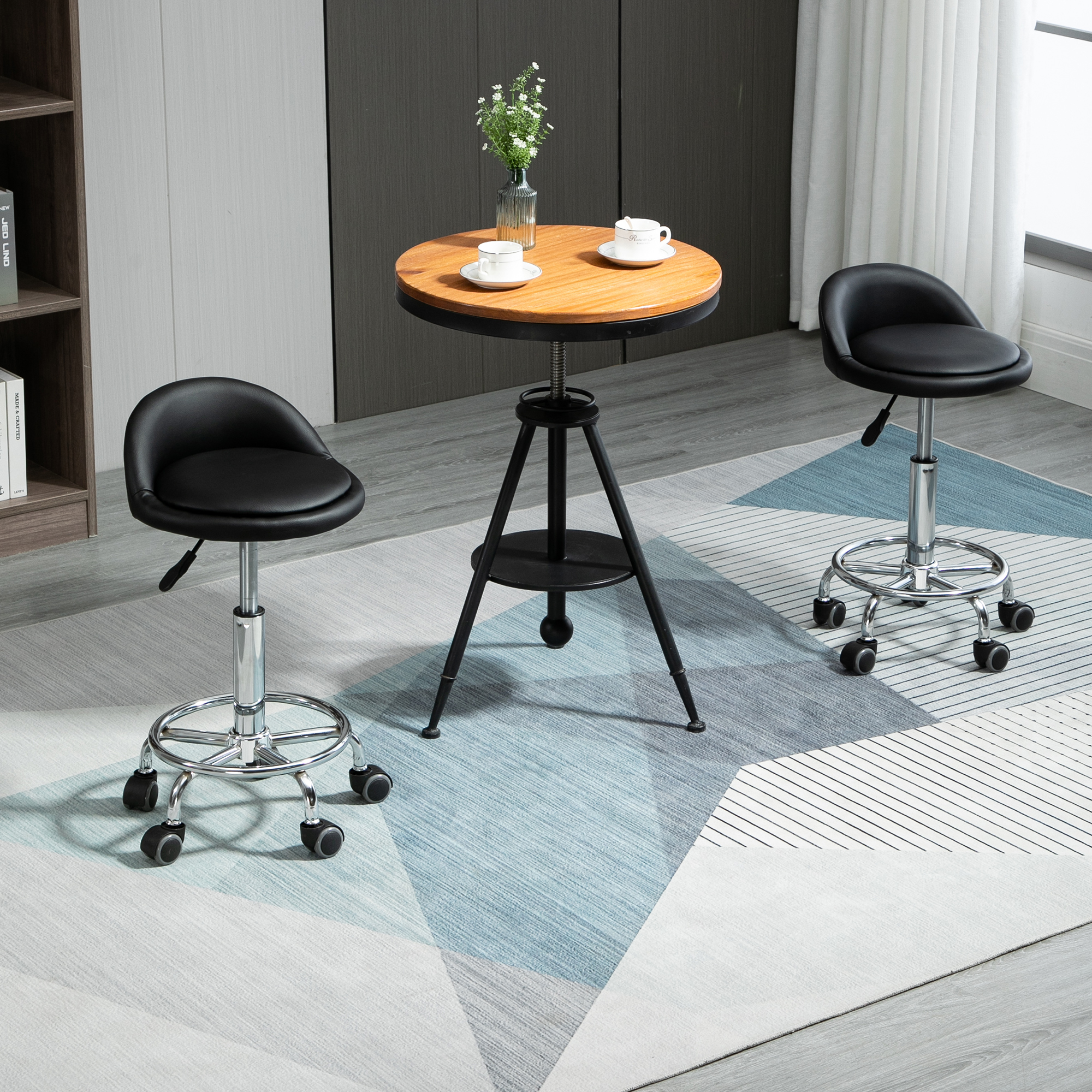 HOMCOM Set aus 2 Rollhockern mit 360° drehbarer Sitzfläche, höhenverstellbar 47-62H cm, verchromter Stahl, schwarzer synthetischer Bezug