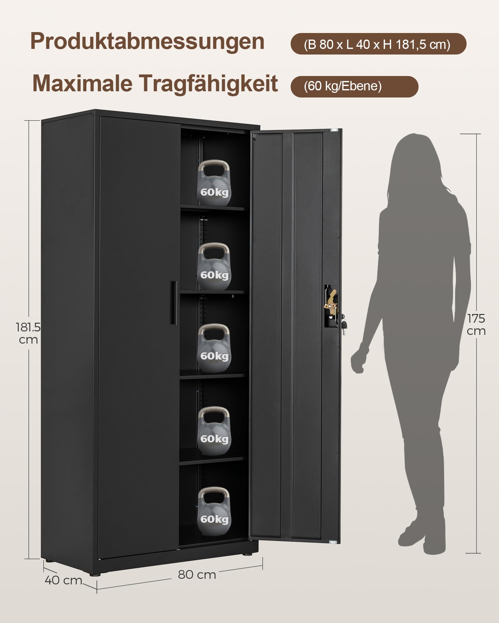 Stahlschrank mit Schloss, 5 Ebenen und verstellbaren Einlegeböden, 80x40x181,5 cm, schwarz