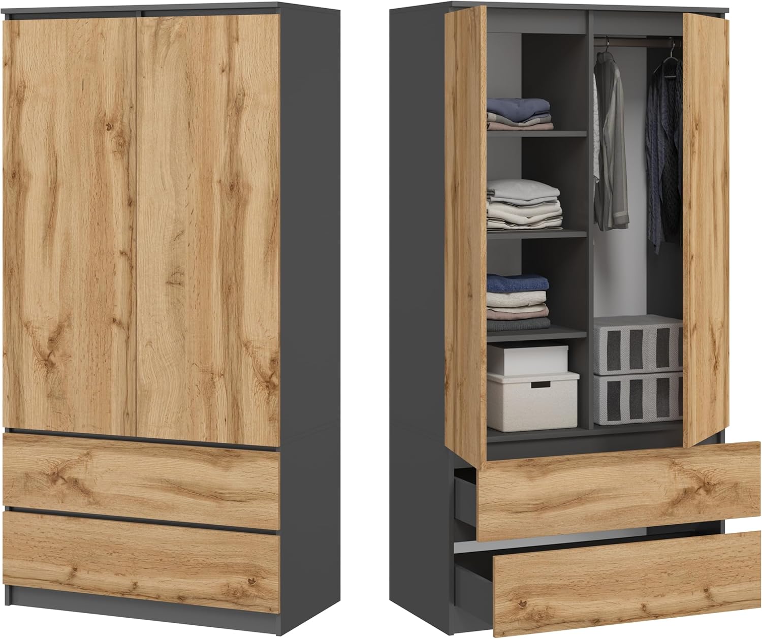 BDW MONIA Wardrobe with 2 Doors 2 Drawers Matt 4 Tier Metal Runners for Bedroom Wardrobe Office (Anthracite/Wotan Oak, 235x90x50)