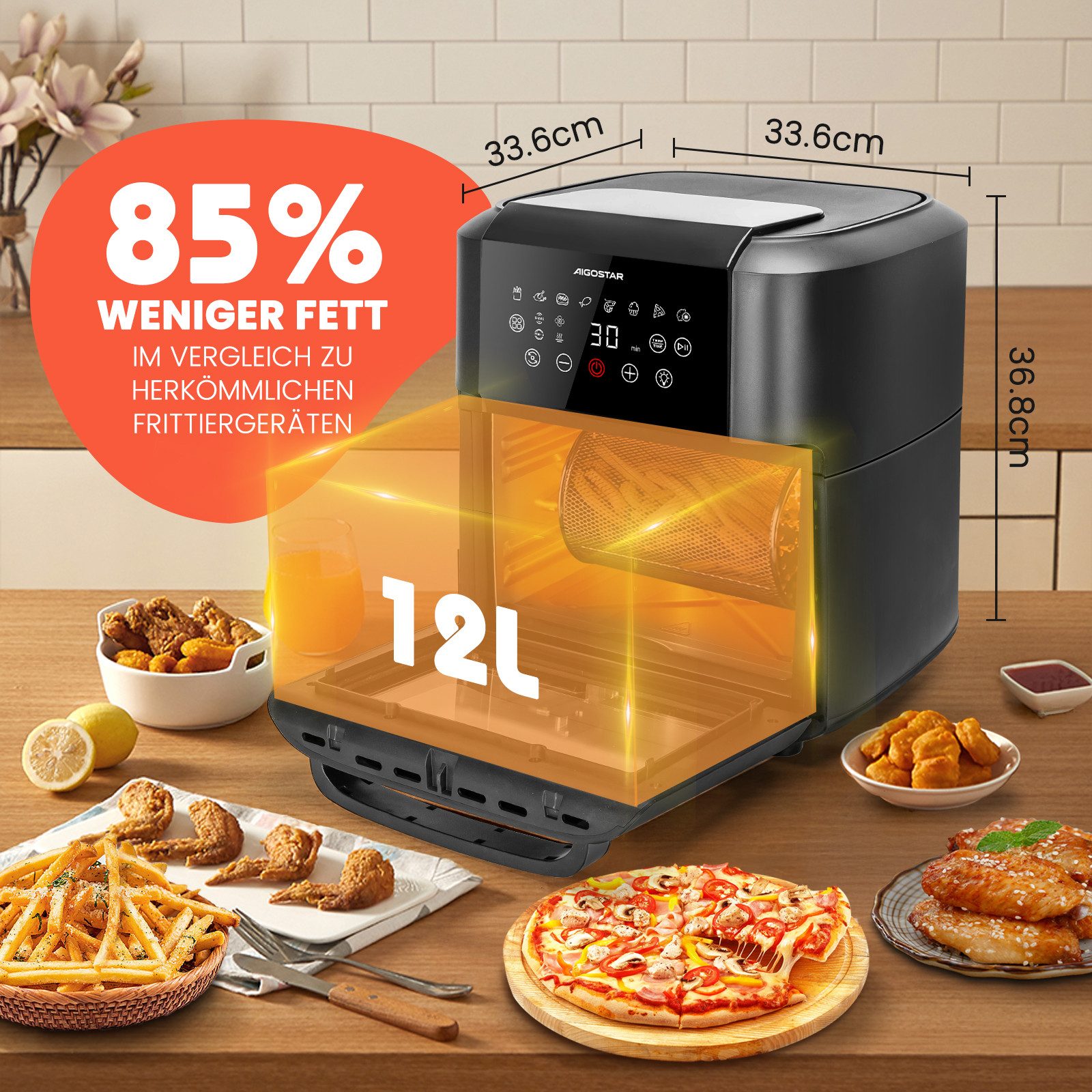 Heißluftfritteuse 12L, 8 Modi, Inklusive 6 Zubehörteile, LED-Touchscreen, BPA-frei