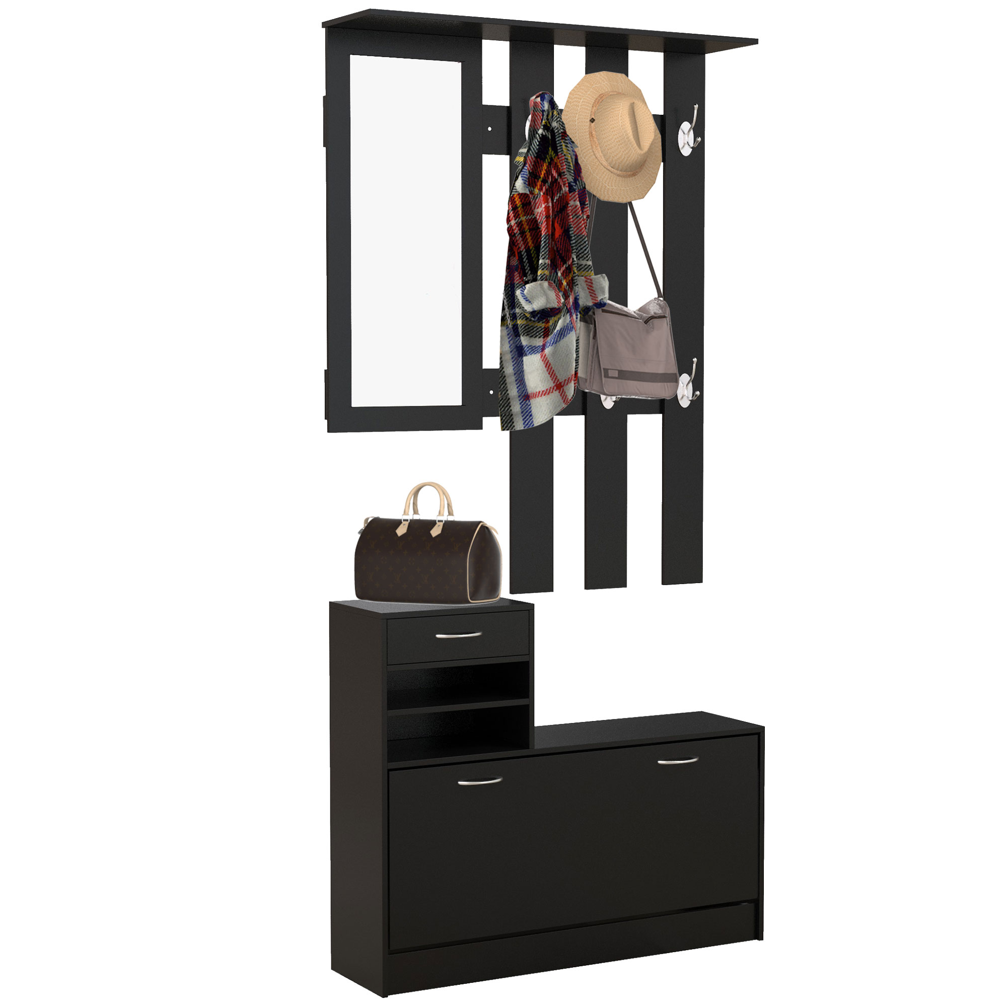HOMCOM 3-in-1 Eingangsmöbel-Set Garderobe mit Mantelhaken, Spiegel und Schuhschrank - 6 Haken und verstellbares Regal, schwarz