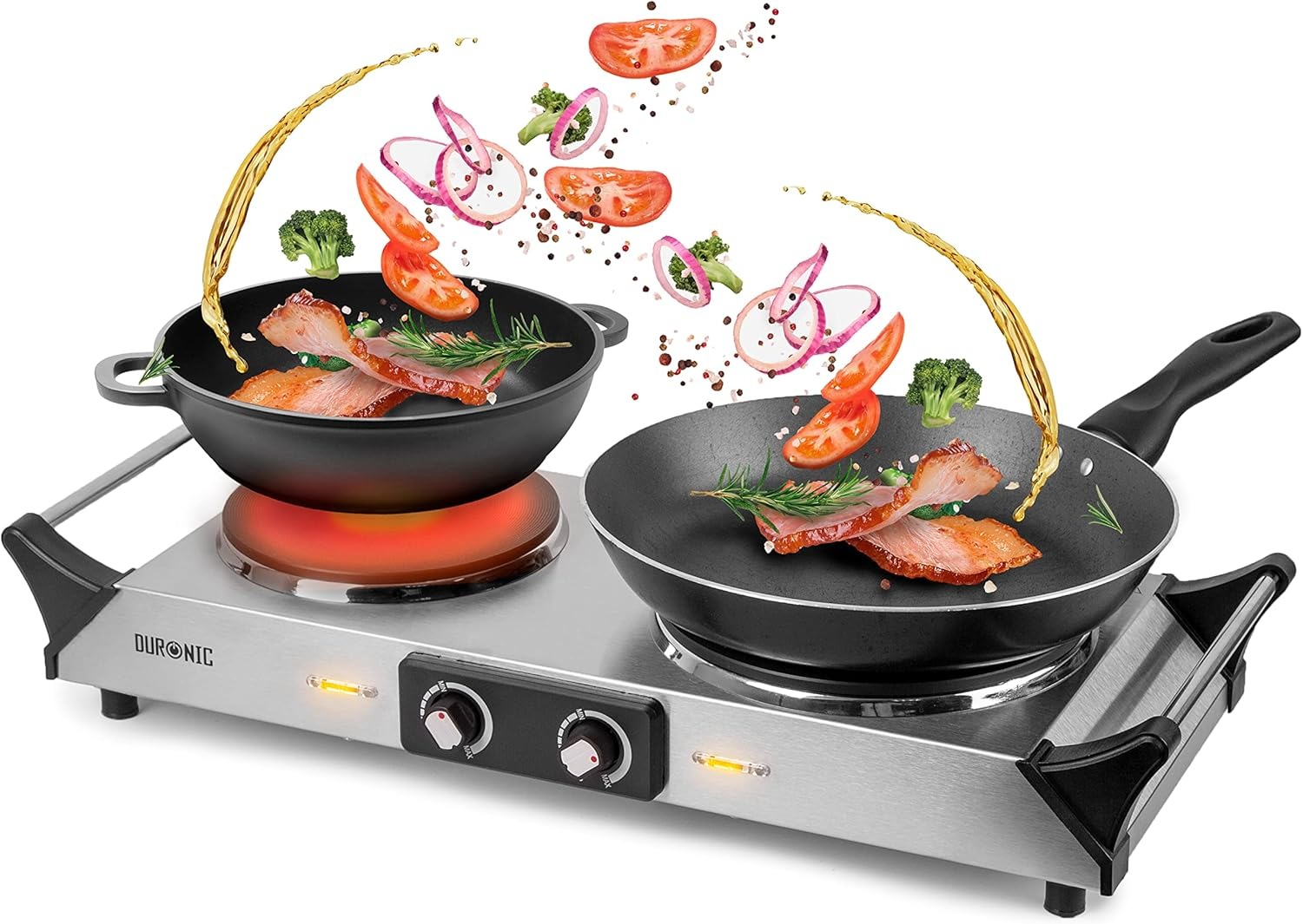 Duronic HP2 SS Fornello Elettrico 2500W 2 Piastre in Ghisa con Manici Termoisolati Temperatura Regolabile Piano Cottura Portatile per Campeggio Viaggi Ufficio e Casa Acciaio Inox Argento