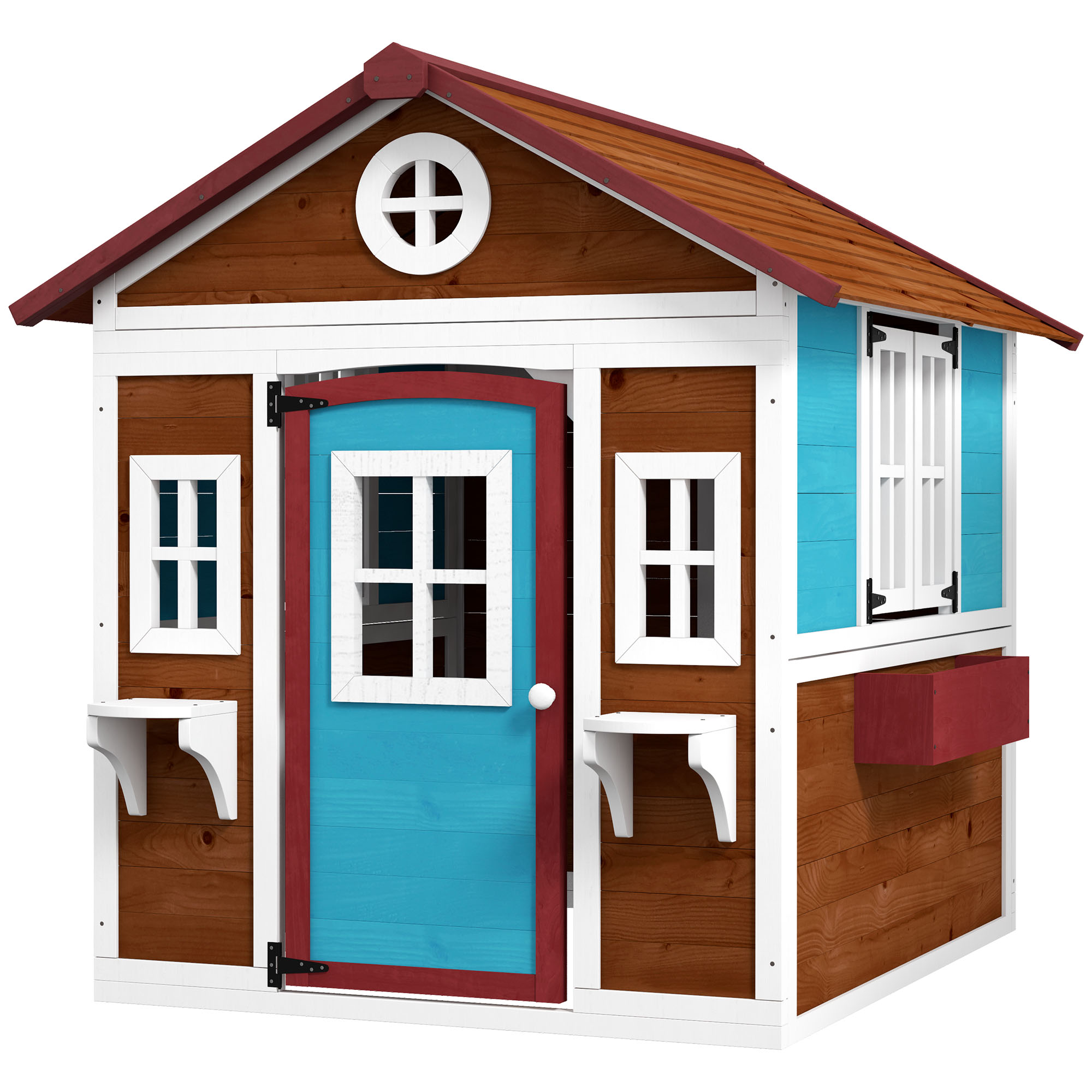 Outsunny Kinderspielhaus, Holz-Spielhaus für Kinder, Outdoor-Gartenspielhaus mit Fenstern, Blumentöpfe, 3-8 Jahre, Blau