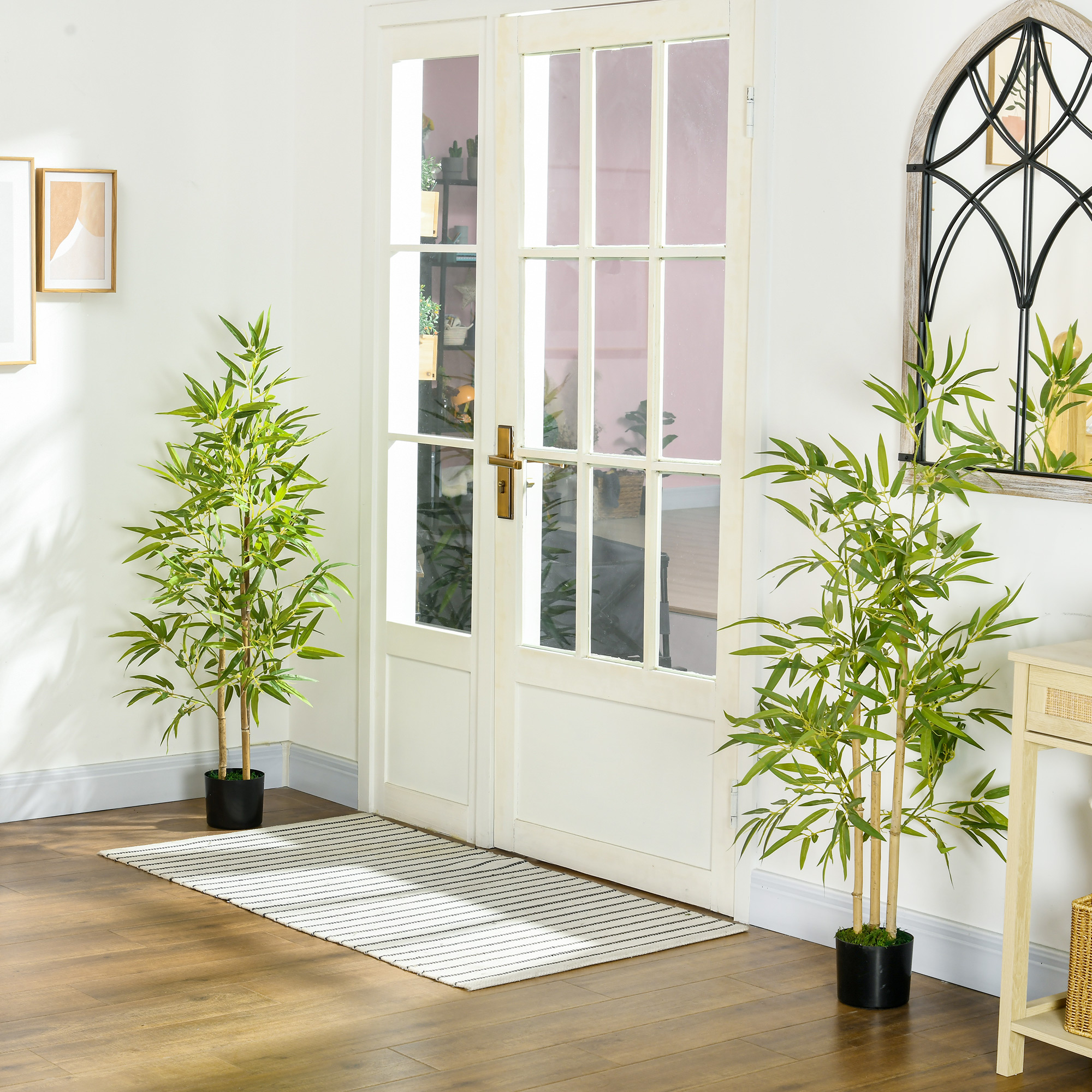 HOMCOM Bambus-Kunstbaum 2er-Set, 3 Stämme, pflegeleicht, 120 cm, Zementtopf, Grün