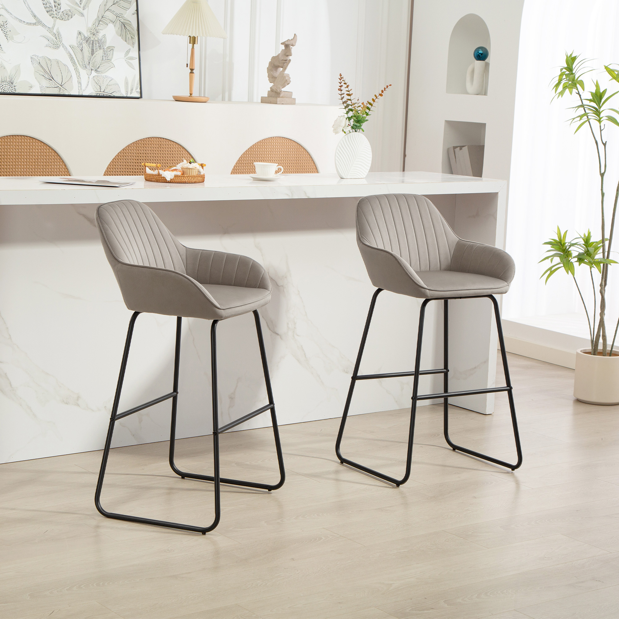 HOMCOM 2er-Set Barstühle, Barhocker mit Stoffbezug und Schaumstoffpolsterung, Polsterhocker mit Metallbeinen, Grau