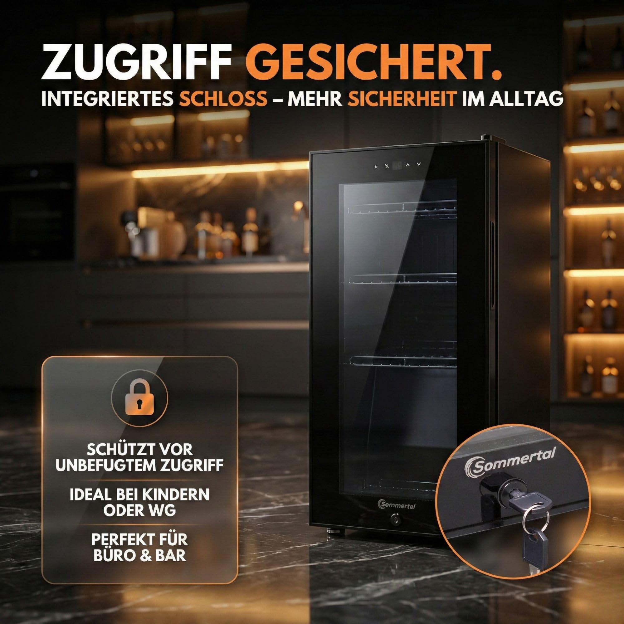 Getränkekühlschrank 50 L mit Glastür, Touchsteuerung, LED-Beleuchtung und Schloss, freistehend, 2–10 °C