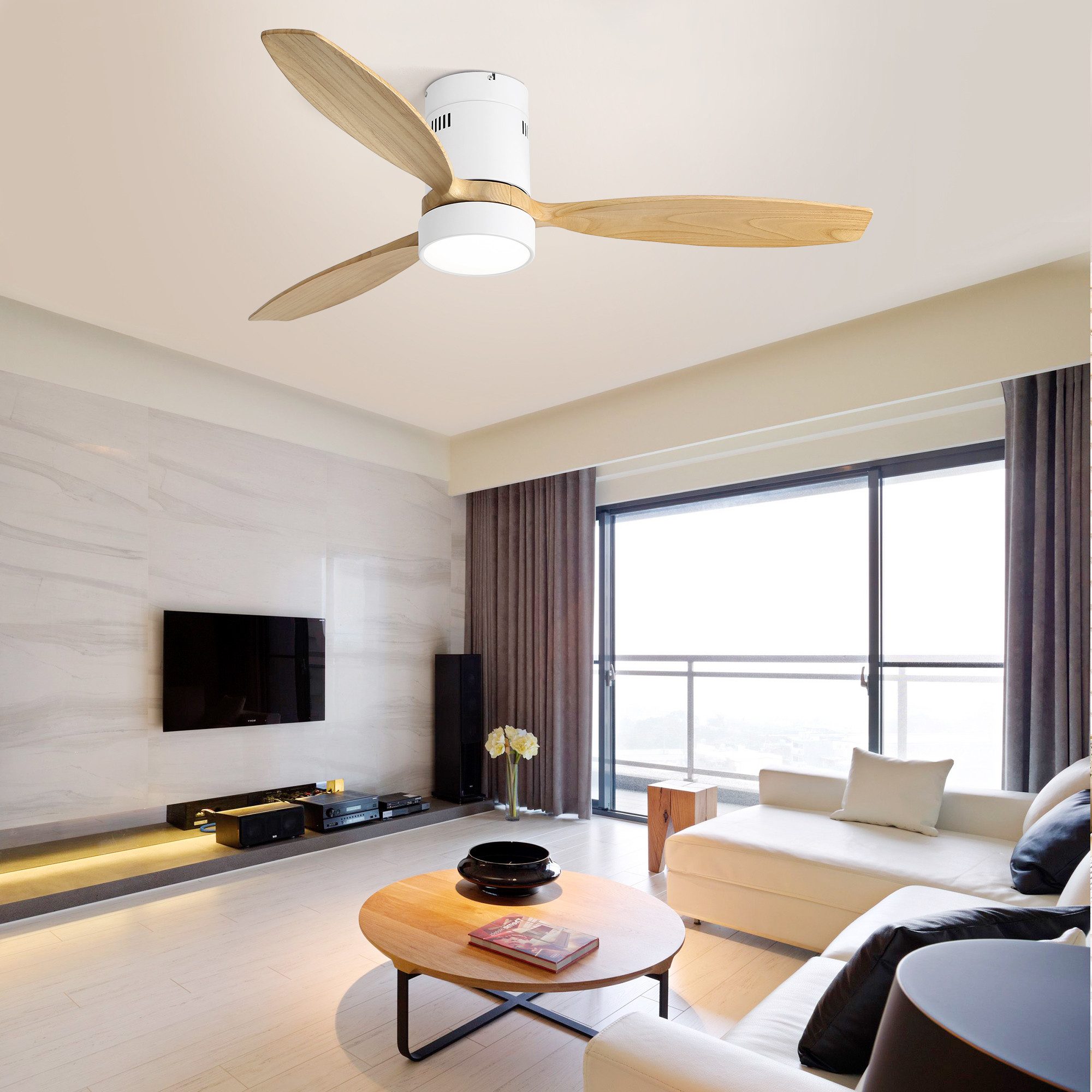 Deckenventilator Flach, 6 Geschwindigkeitsstufen, Memory-LED, 3 Massivholzflügel