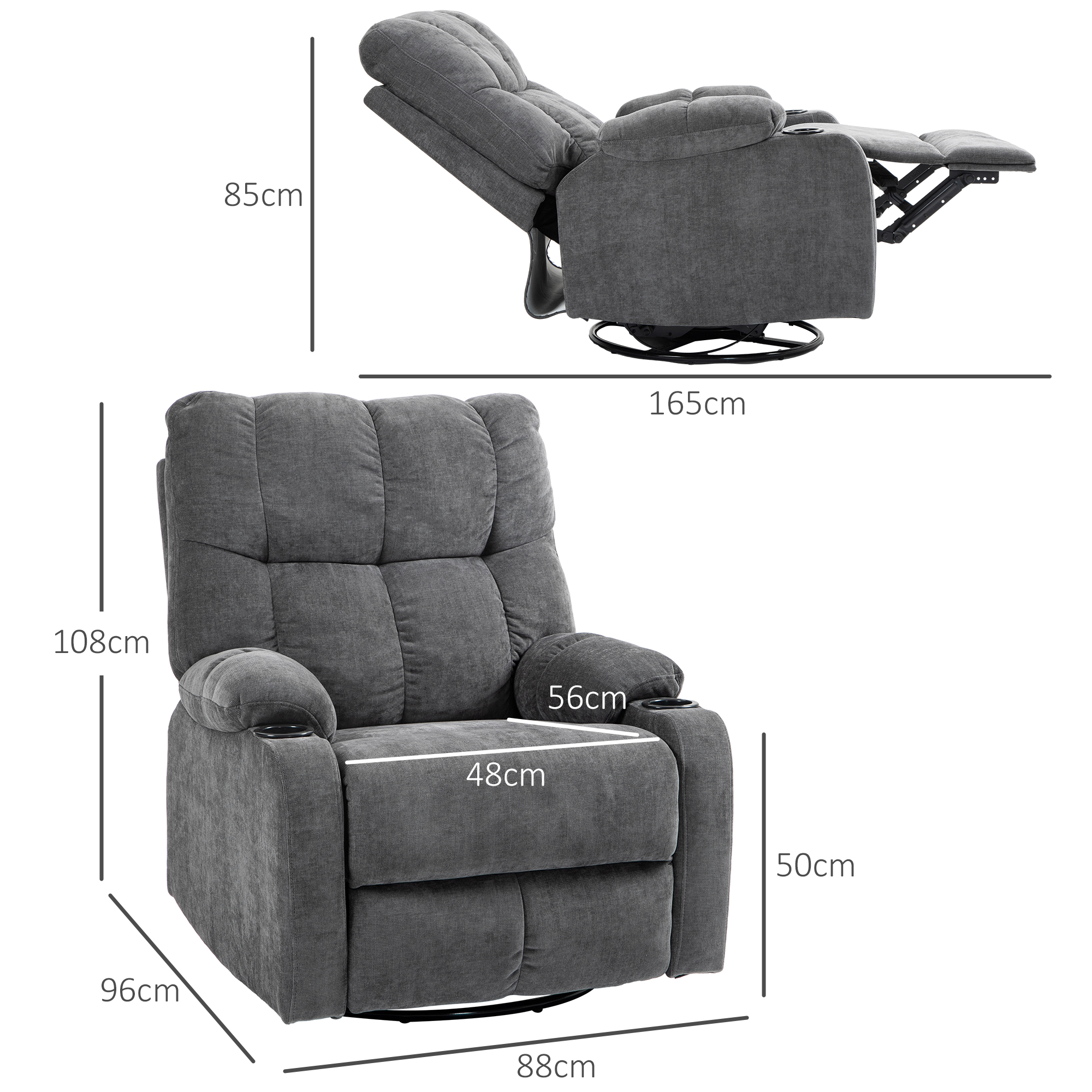 Relaxstoel met Voetsteun, Ligstoel, Draaibaar, tot 150 kg, Stalen Frame, 88x96x108cm, Donkergrijs