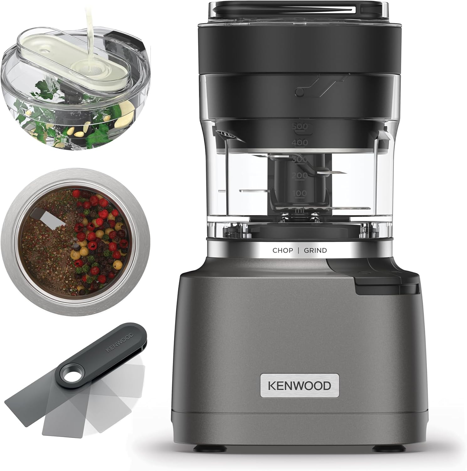 Kenwood Chopper CHP61.100WH, Potenza 500W, Ciotola da 0.5L, 2 velocità, Sistema a quattro lame, Anello antiscivolo per la stabilità del tritatutto, Lavabile in Lavastoviglie, Bianco/SIlver