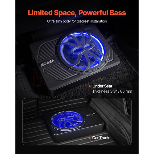 VEVOR Untersitz-Auto-Subwoofer 440W Schlankes Aktives Subwoofer-System 254mm
