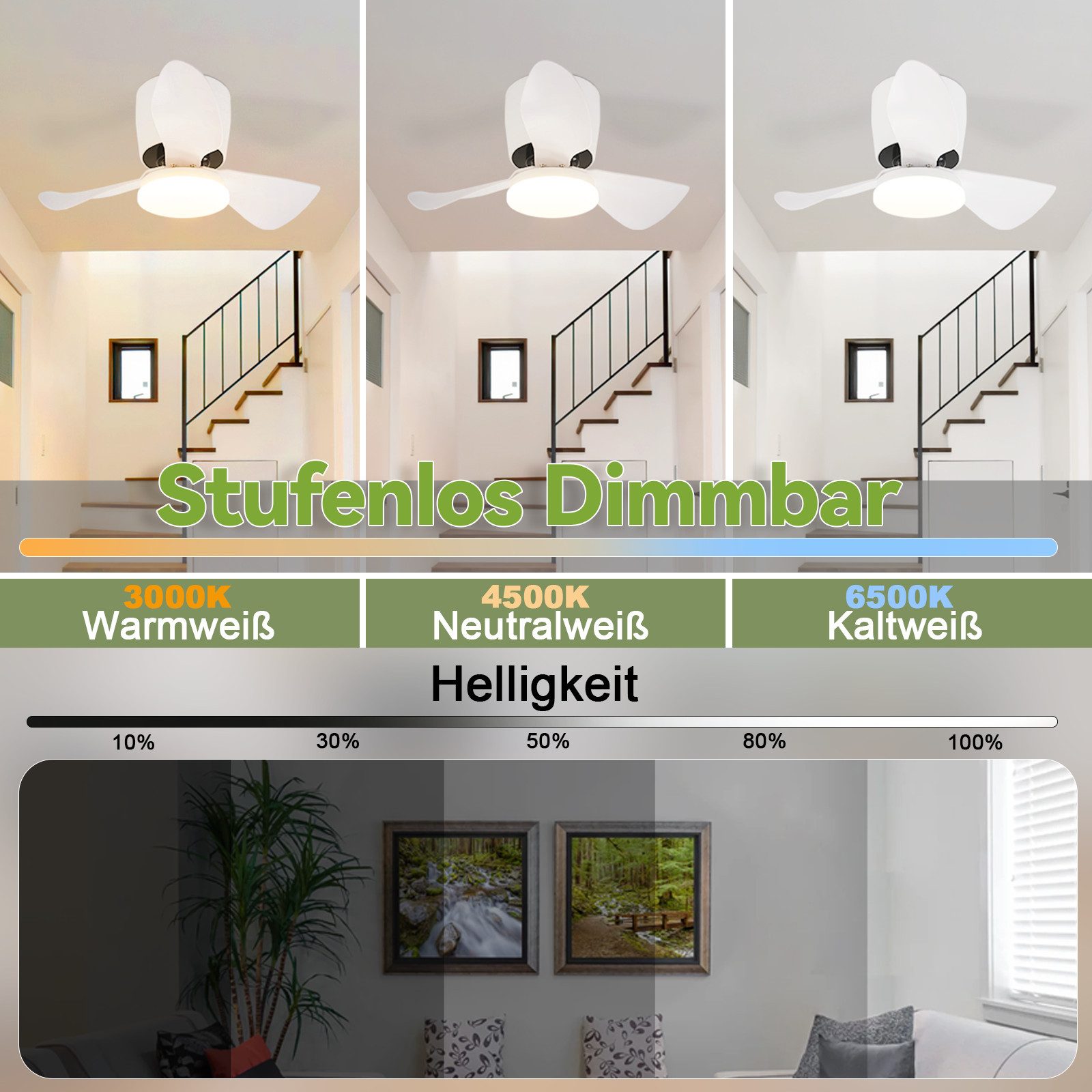Deckenventilator mit Lich Weiß Dimmbar Leise 23W 70CM mit Fernbedienung Modern