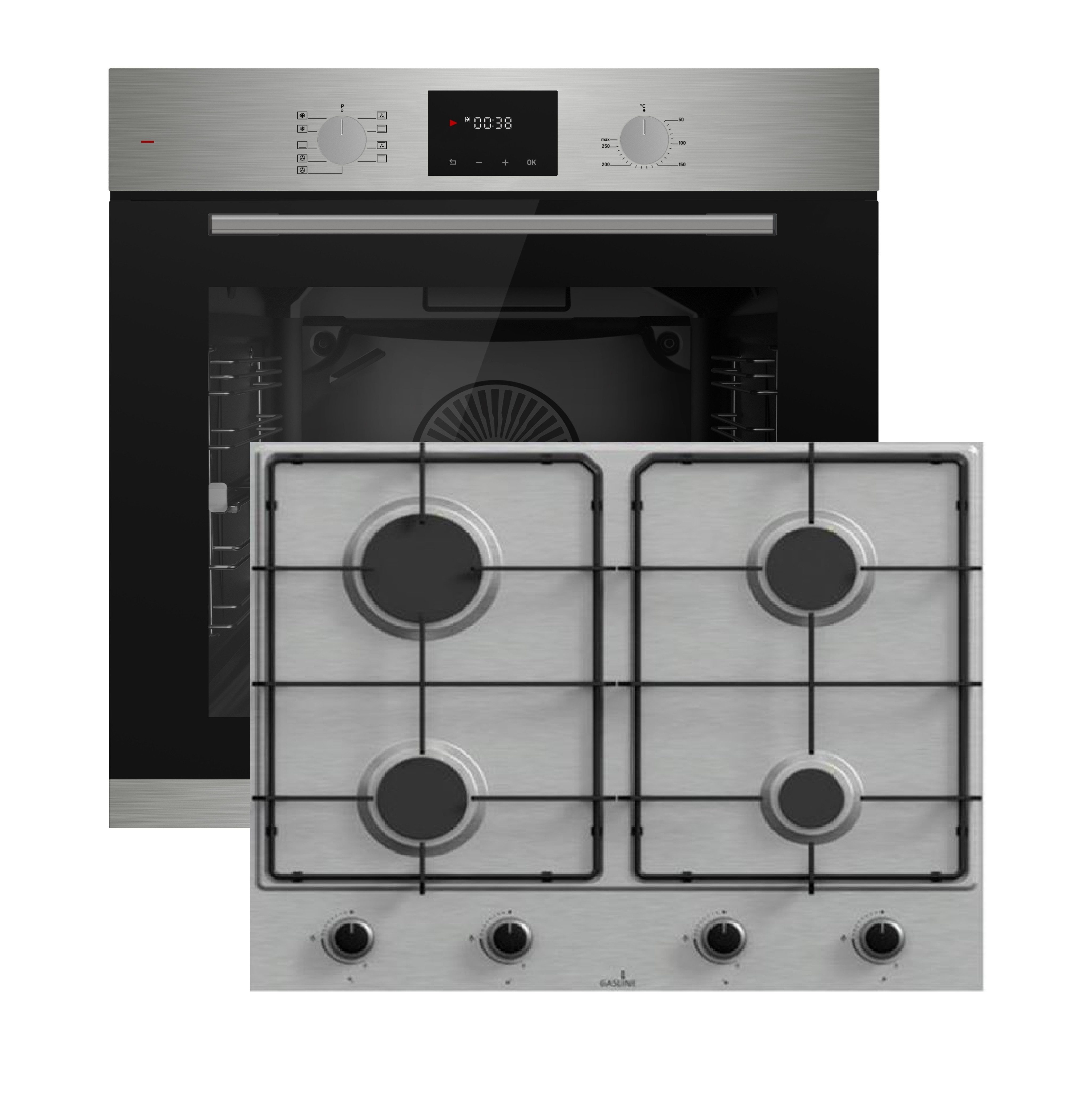 Elektro-Herd-Set Böhme Herdset HB60F78PPX + Gasline kochfeld 60cm Edelstahl 4 Brennern