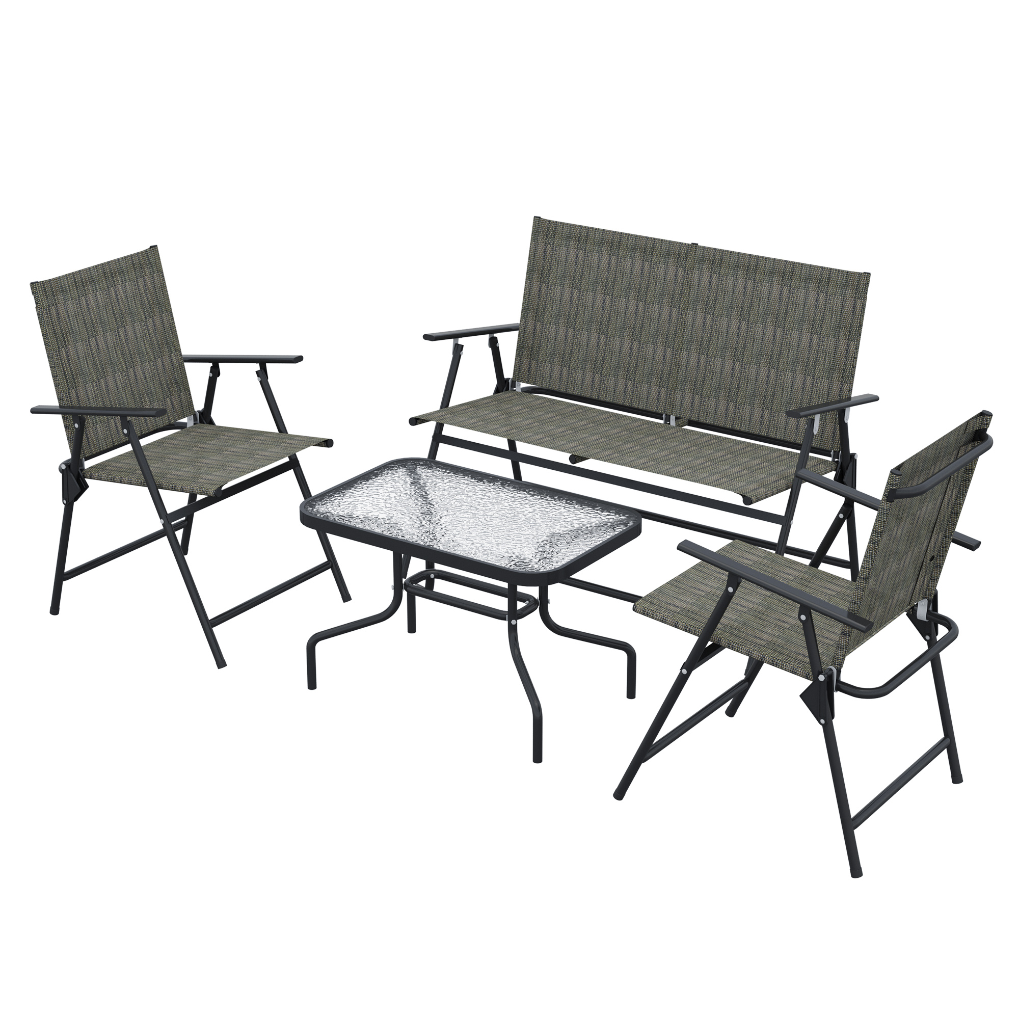 Outsunny 4-tlg. Gartenmöbel-Set, 2-Sitzer, 2 Klappstühle, Tisch, Metallrahmen, Grau+Braun